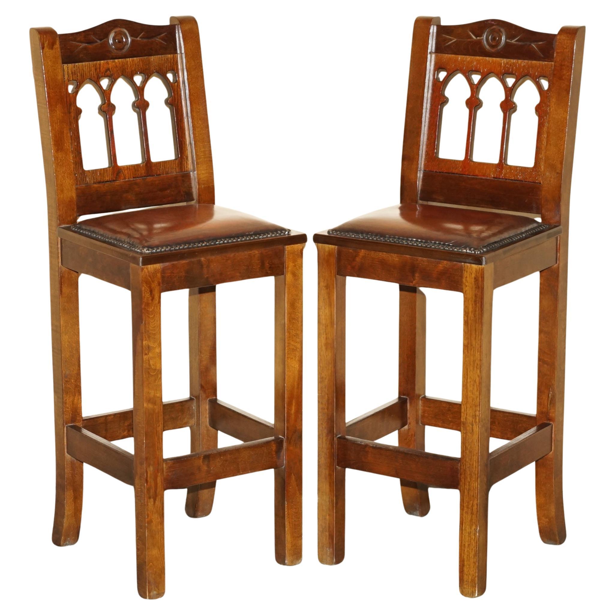 VINTAGE PAIR OF FULLY RESTORED BROWN LEATHER ARTS & CRAFTS KITCHEN BAR STOOLs