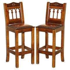 VINTAGE PAIR OF FULLY RESTORED BROWN LEATHER ARTS & CRAFTS KITCHEN BAR STOOLs
