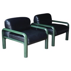 Vintage Pair of Gae Aulenti for Knoll Lounge Chairs, Green Frames Black Leather