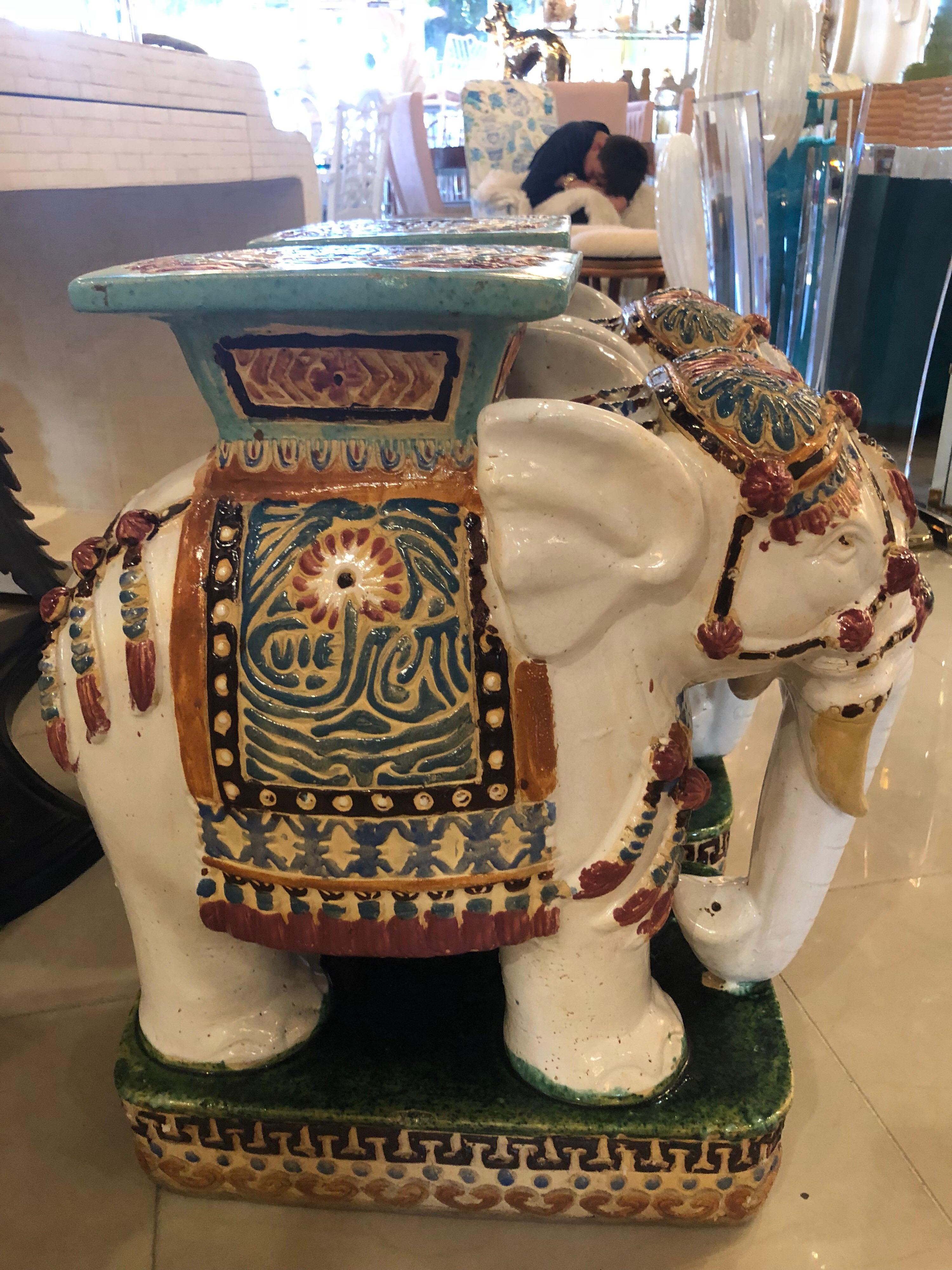 Ceramic Vintage Pair of Garden Elephant Stools Stands Side Tables