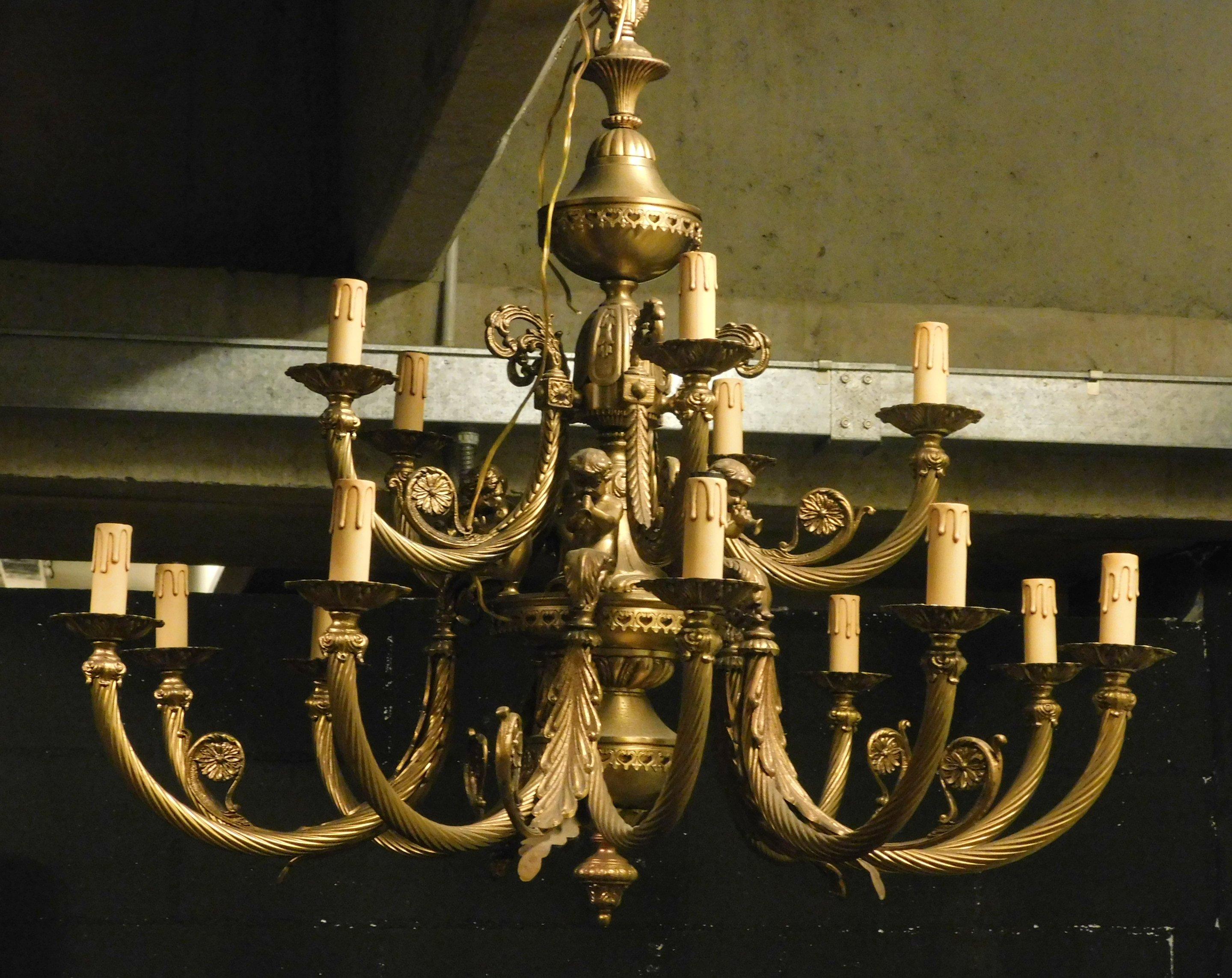 Vintage Pair of Gilt Bronze Chandeliers, Many Arms Lights, 1930s, Italy 6