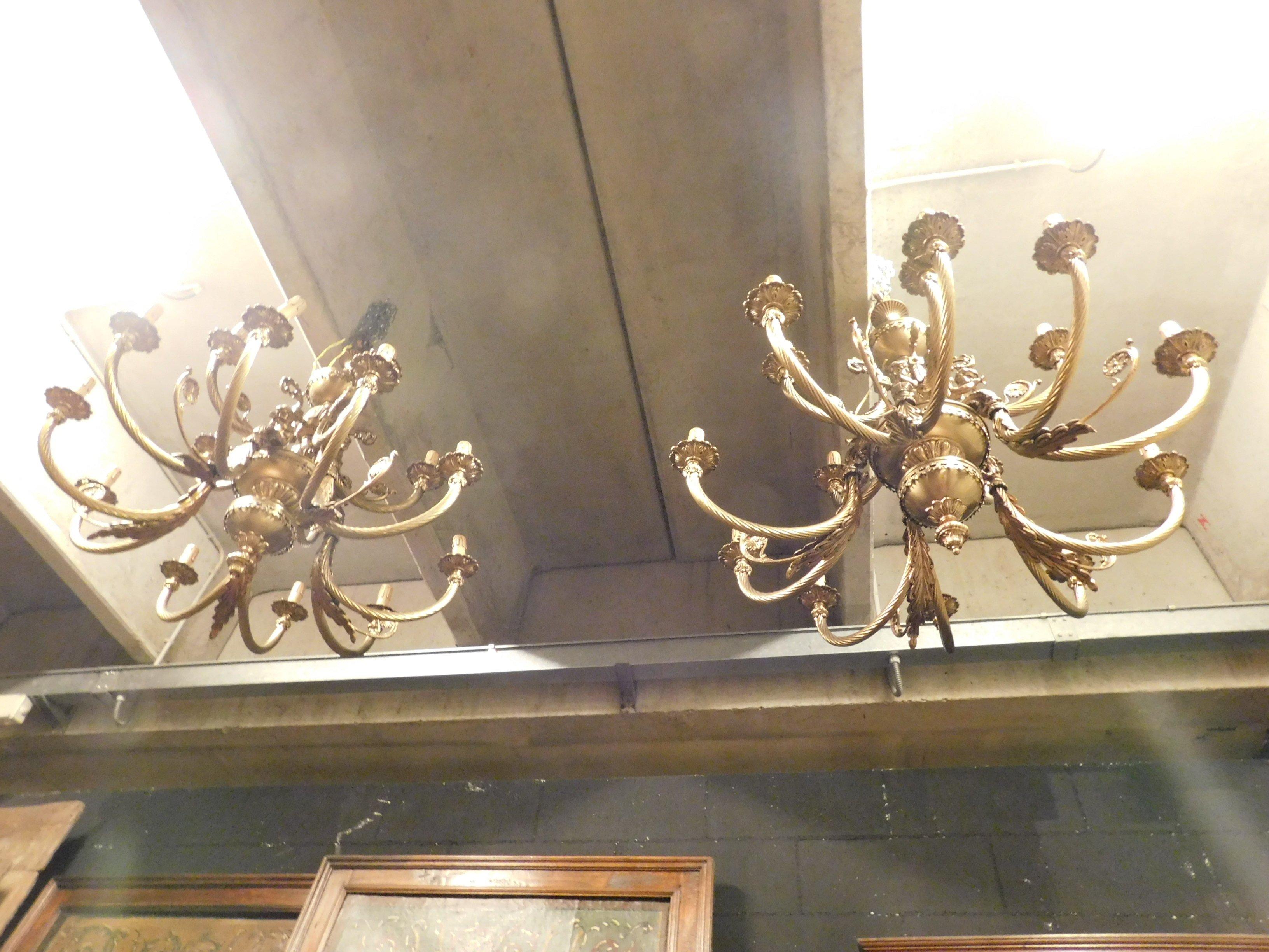 Vintage Pair of Gilt Bronze Chandeliers, Many Arms Lights, 1930s, Italy 8