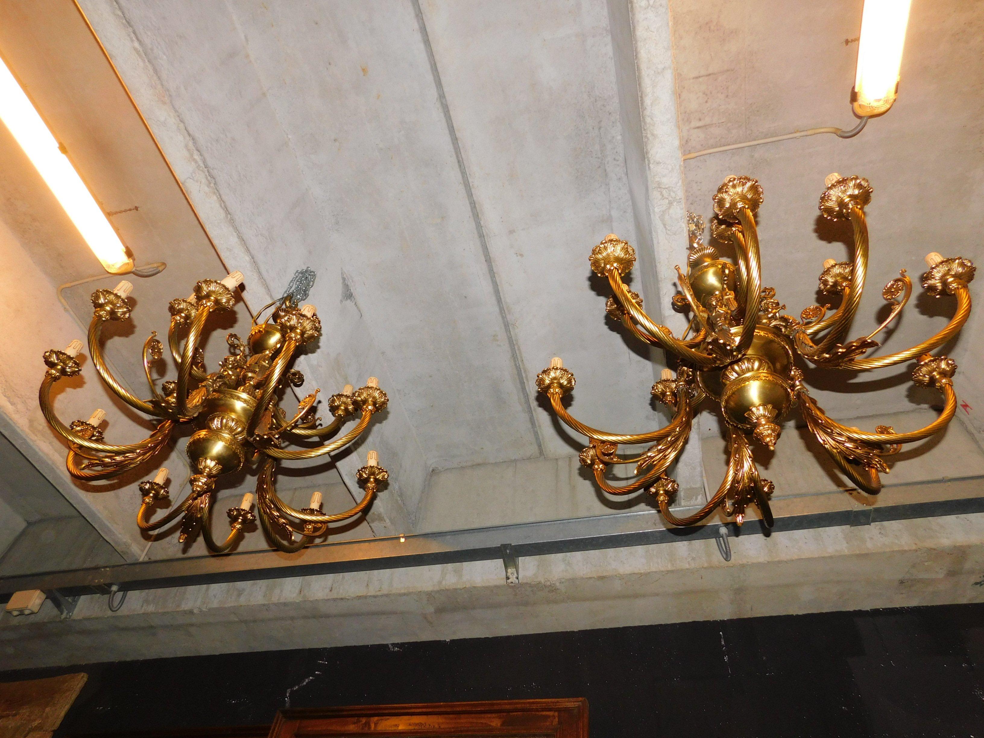 Vintage Pair of Gilt Bronze Chandeliers, Many Arms Lights, 1930s, Italy 9