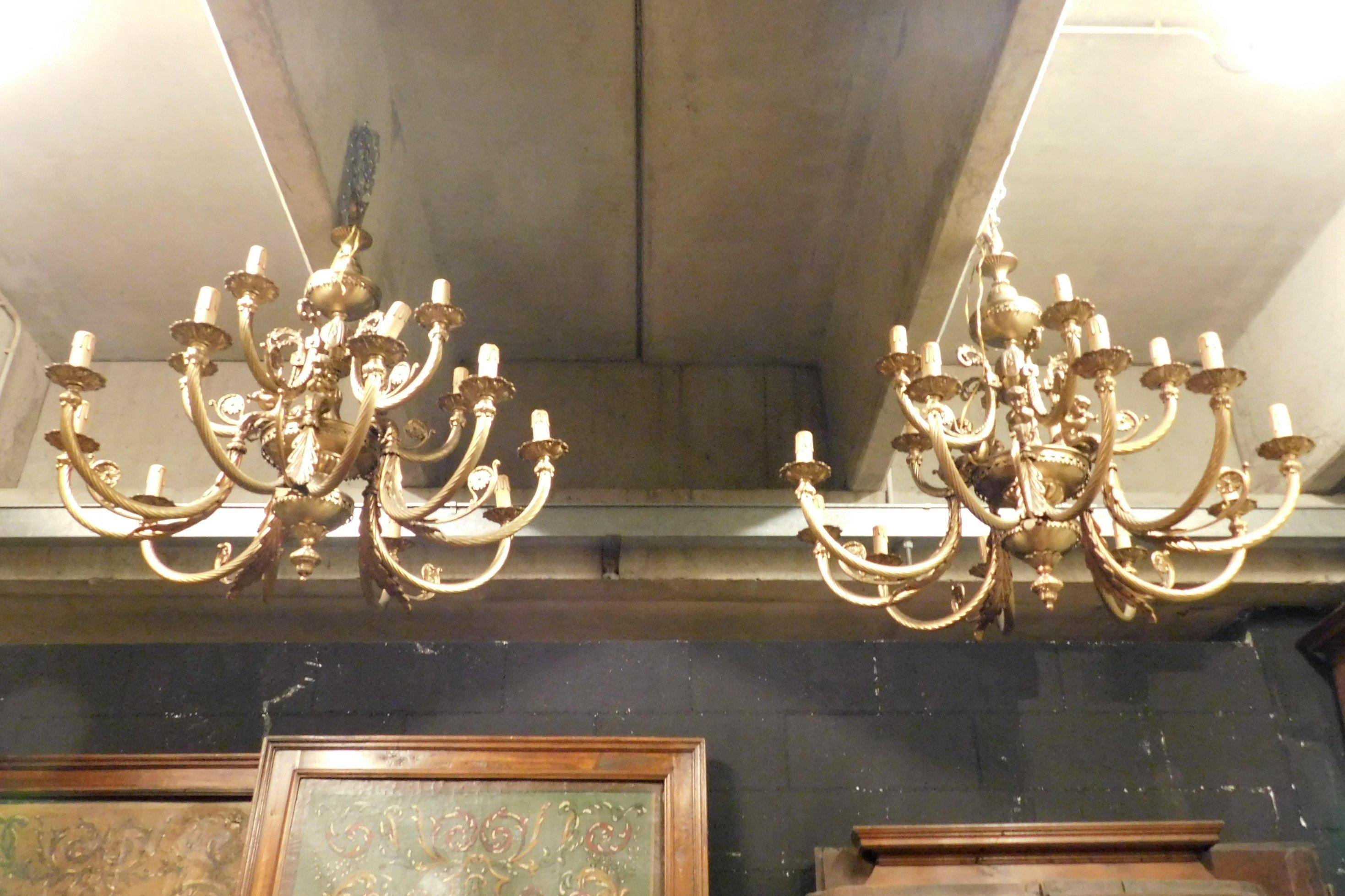 Italian Vintage Pair of Gilt Bronze Chandeliers, Many Arms Lights, 1930s, Italy