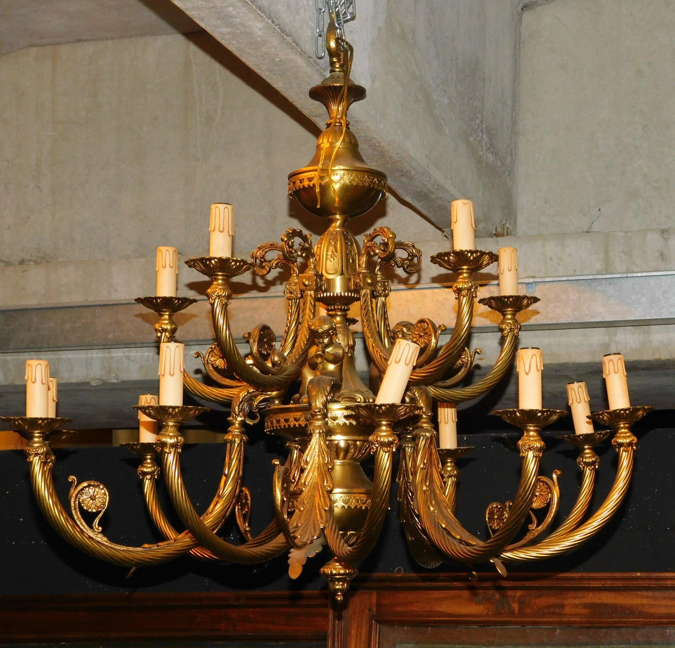 Vintage Pair of Gilt Bronze Chandeliers, Many Arms Lights, 1930s, Italy 1