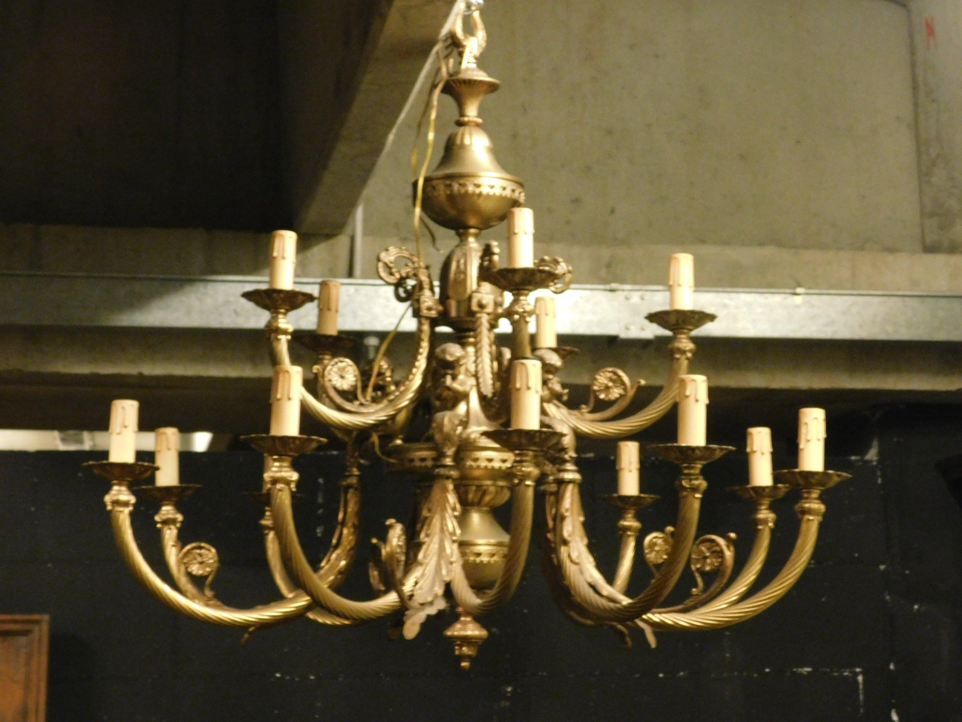 Vintage Pair of Gilt Bronze Chandeliers, Many Arms Lights, 1930s, Italy 2