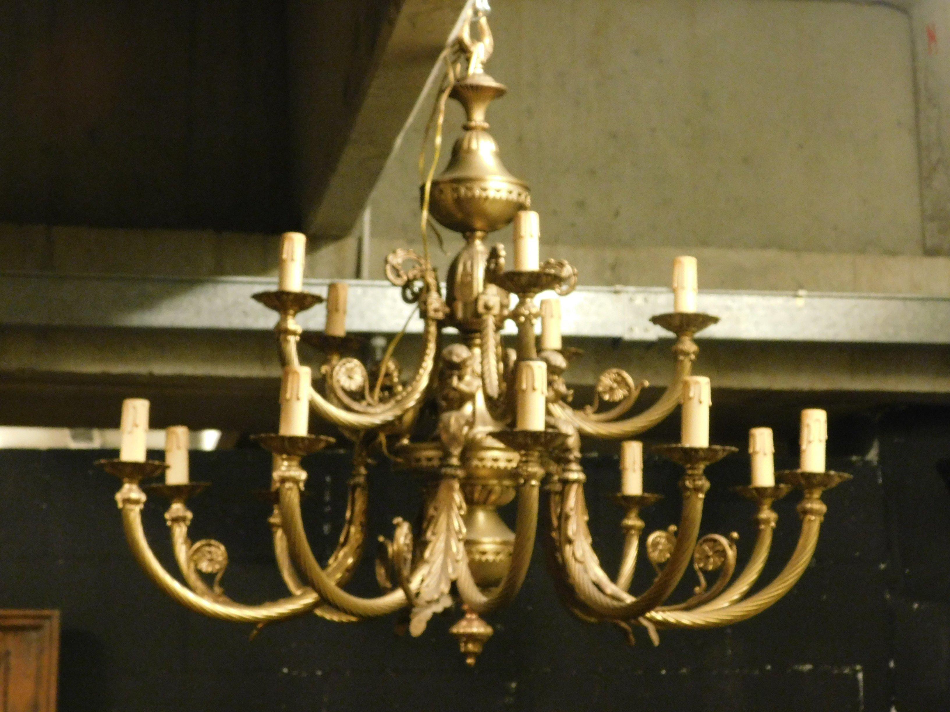 Vintage Pair of Gilt Bronze Chandeliers, Many Arms Lights, 1930s, Italy 3