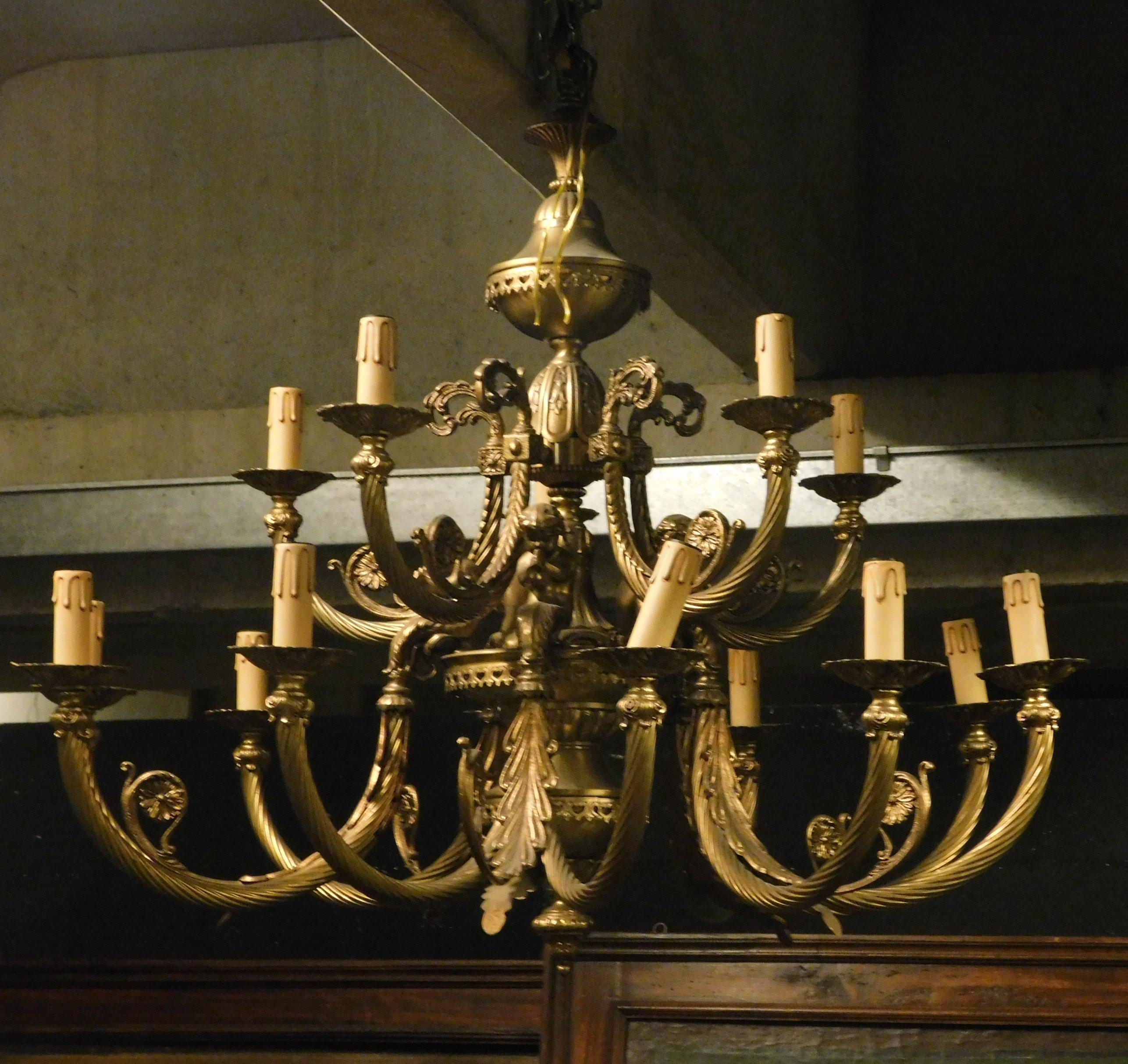 Vintage Pair of Gilt Bronze Chandeliers, Many Arms Lights, 1930s, Italy 4