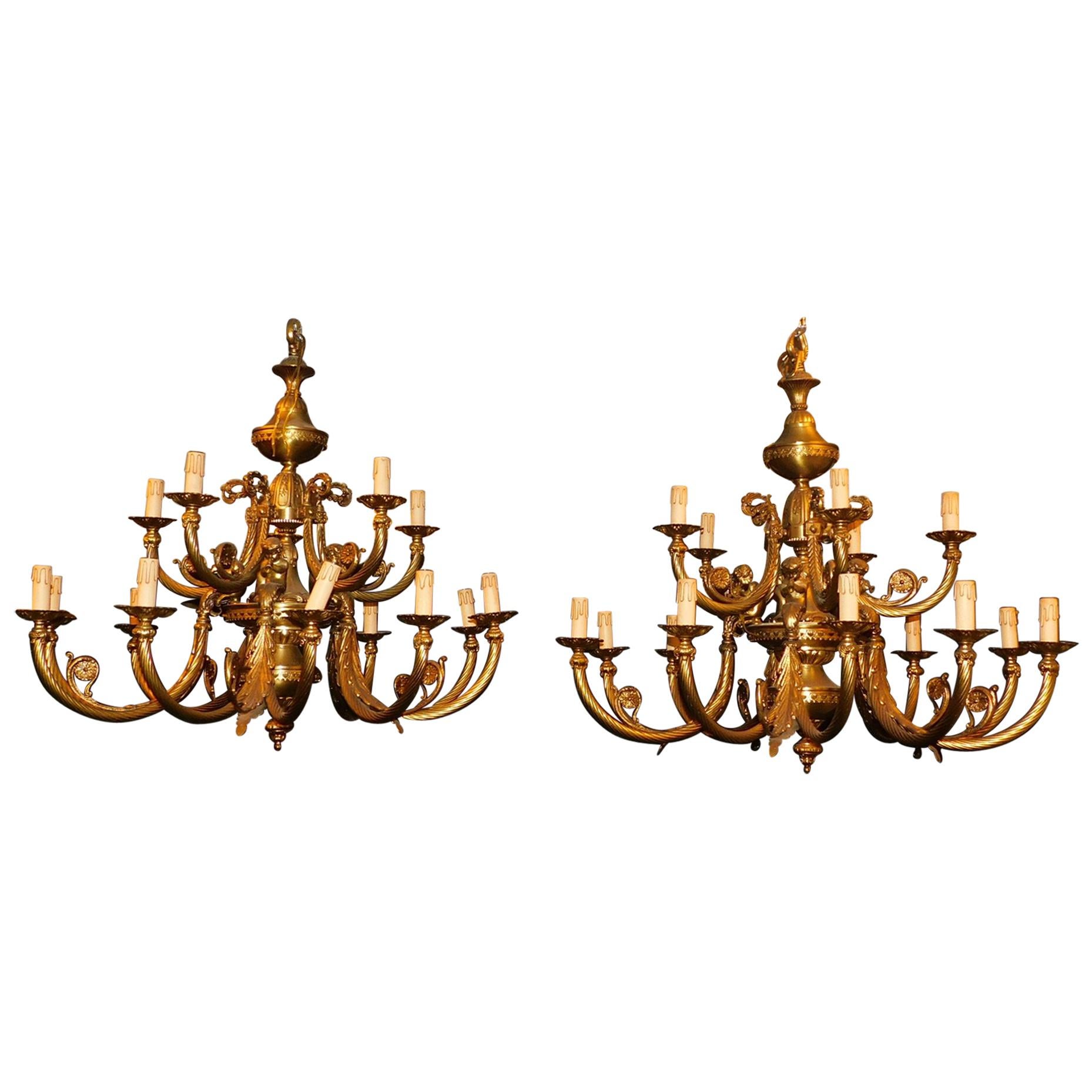 Vintage Pair of Gilt Bronze Chandeliers, Many Arms Lights, 1930s, Italy