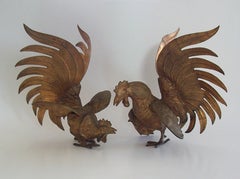 Vintage Pair of Gilt Metal Duelling Rooster Sculptures - Italy - Circa 1960's
