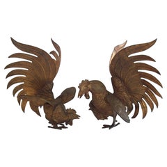 Vintage Pair of Gilt Metal Duelling Rooster Sculptures - Italy - Circa 1960's