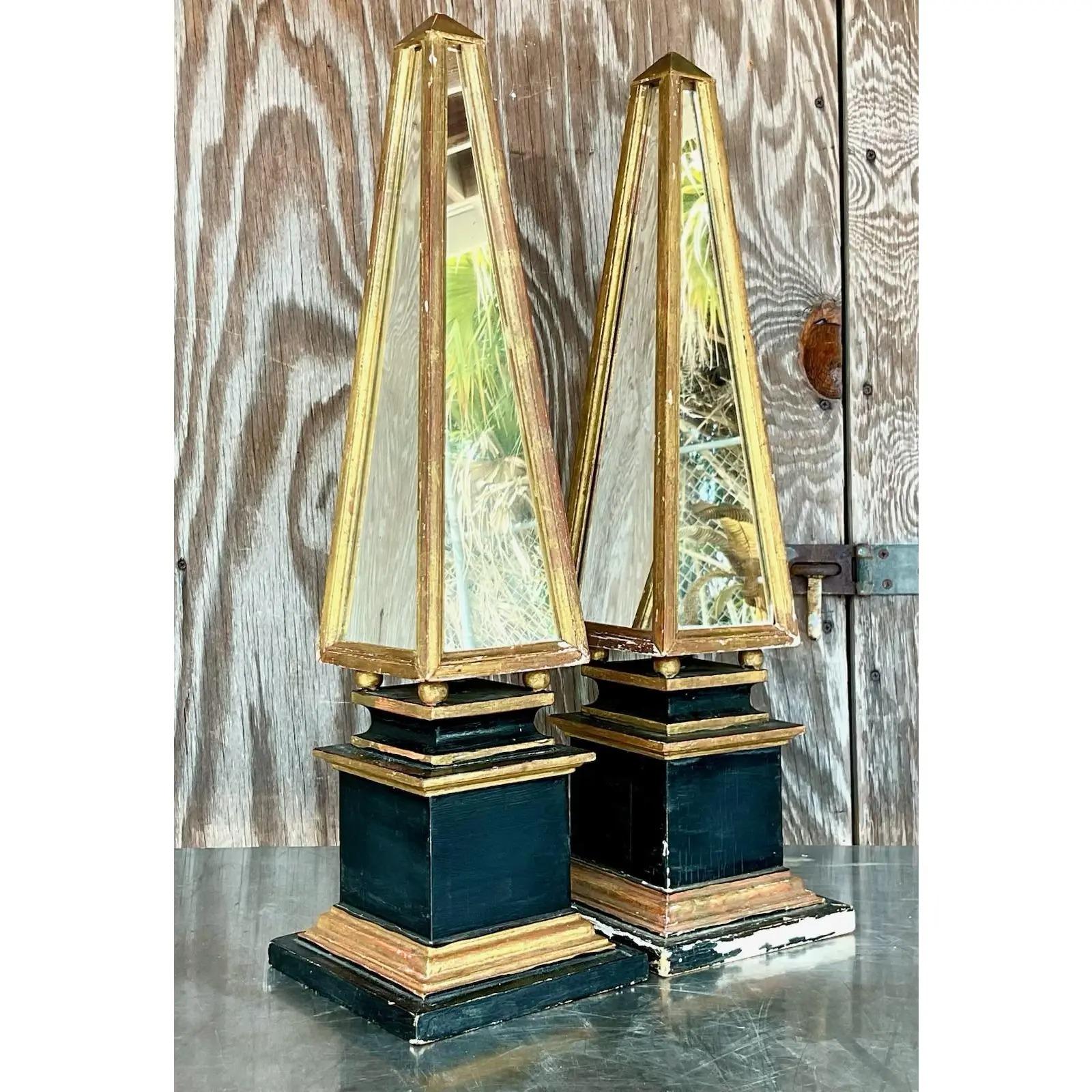 Regency Vintage Pair of Giltwood and Mirror Obelisks