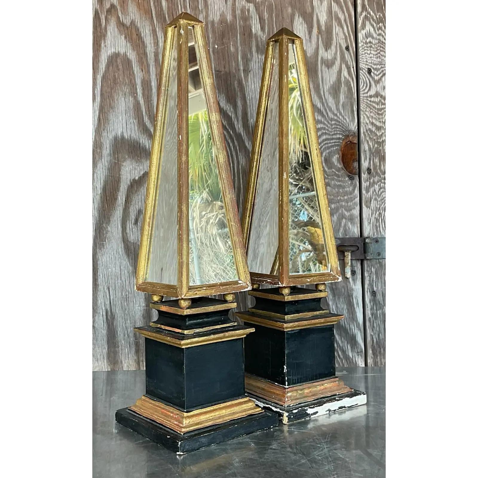 Vintage Pair of Giltwood and Mirror Obelisks In Good Condition In west palm beach, FL