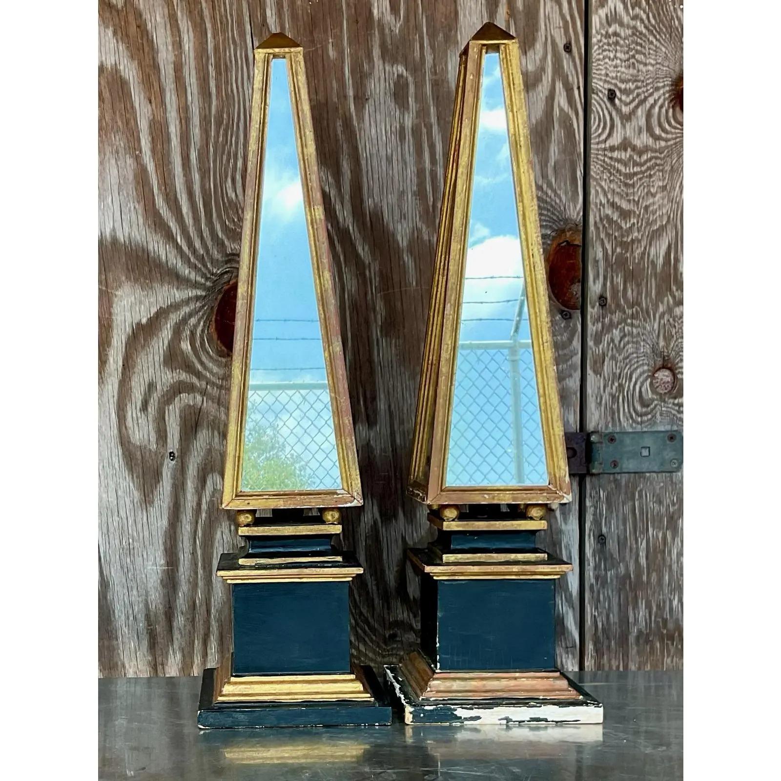 Gold Vintage Pair of Giltwood and Mirror Obelisks