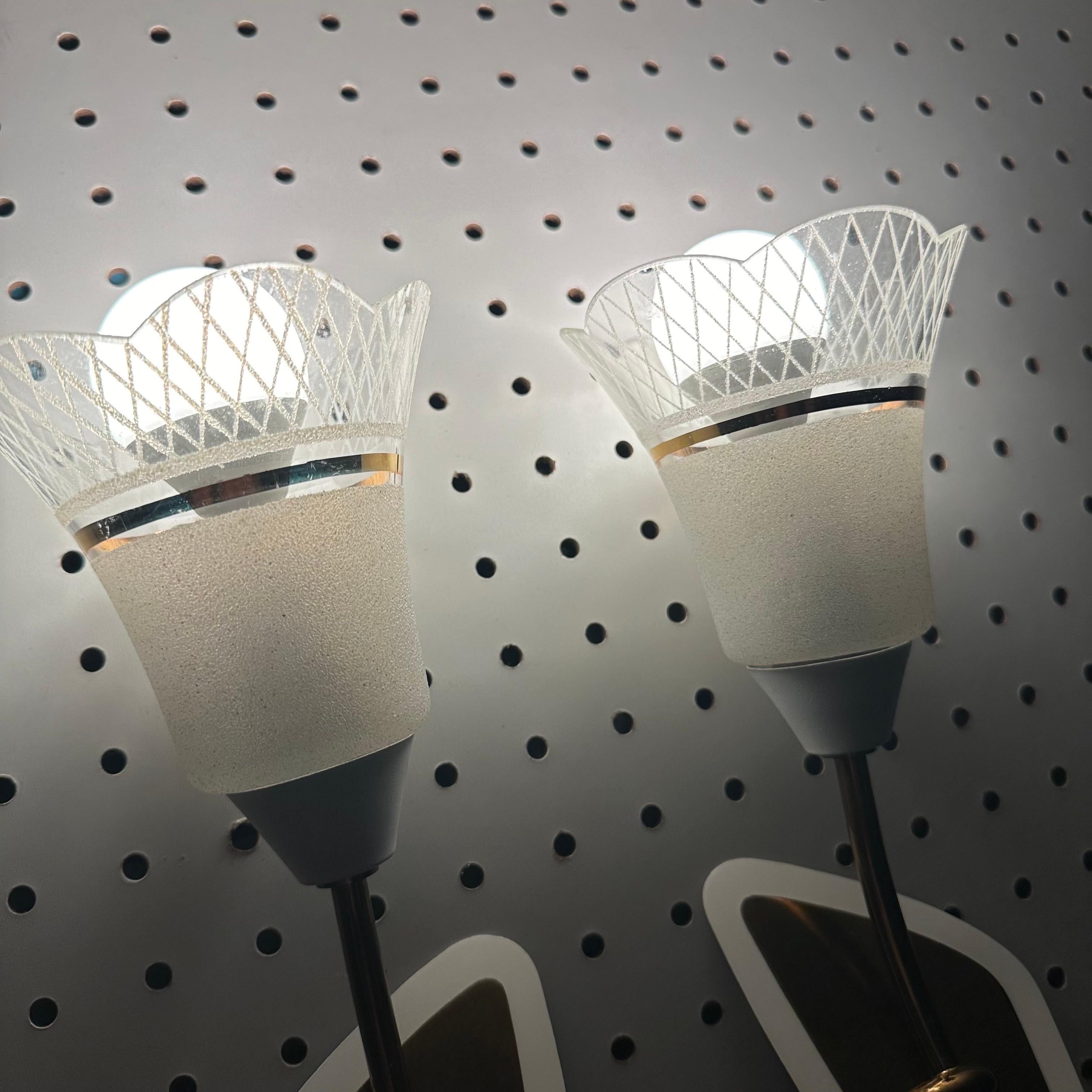 European Vintage Pair of Glass, Brass and White Sconces with Scalloped Glass Shades