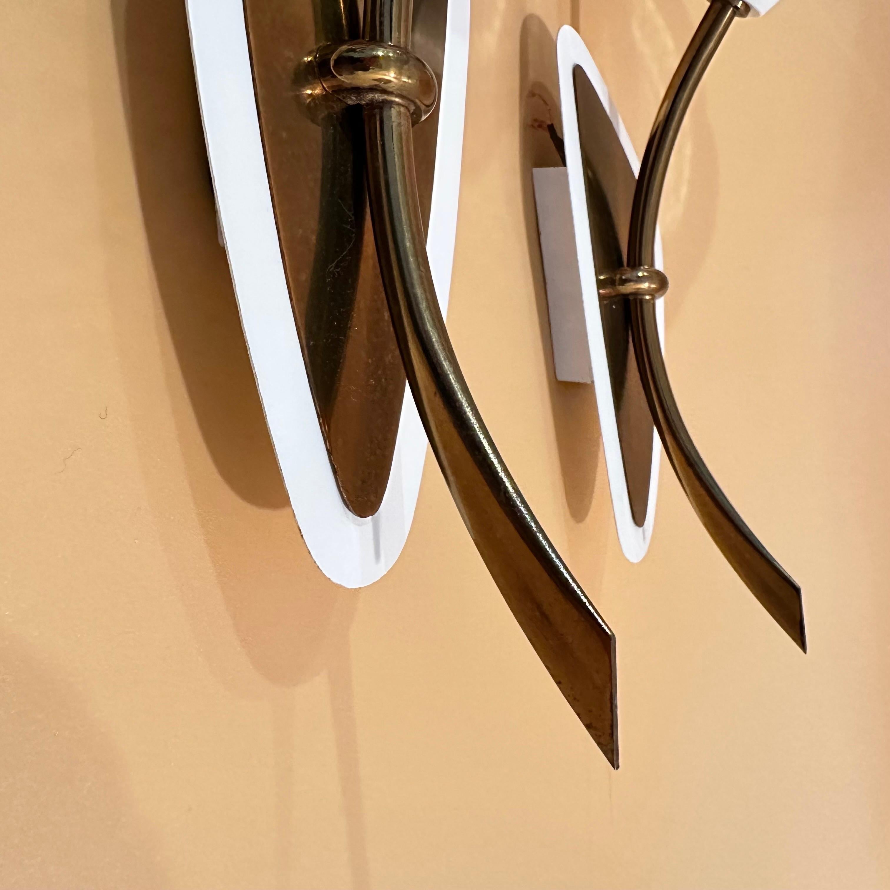 Mid-20th Century Vintage Pair of Glass, Brass and White Sconces with Scalloped Glass Shades