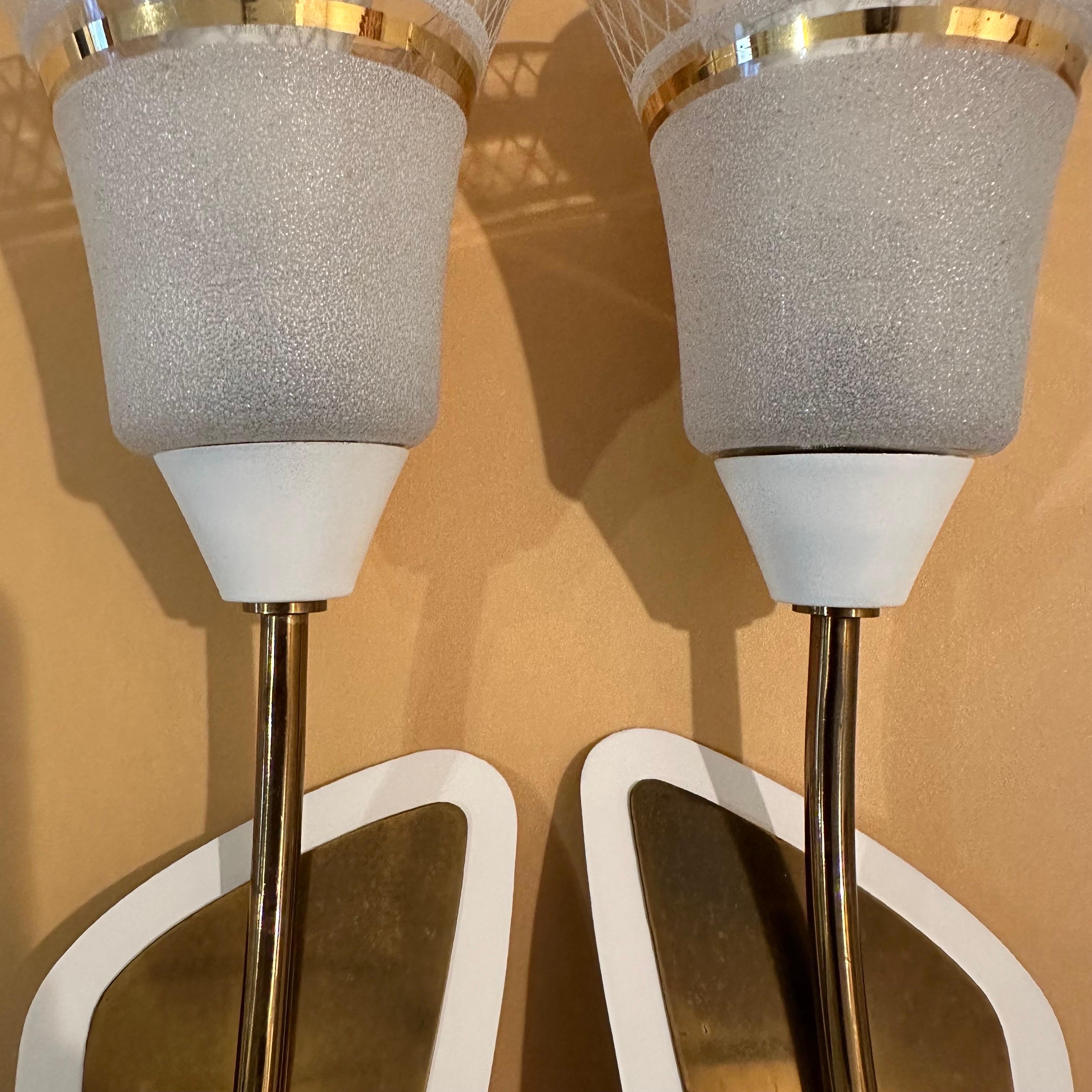 Vintage Pair of Glass, Brass and White Sconces with Scalloped Glass Shades 3