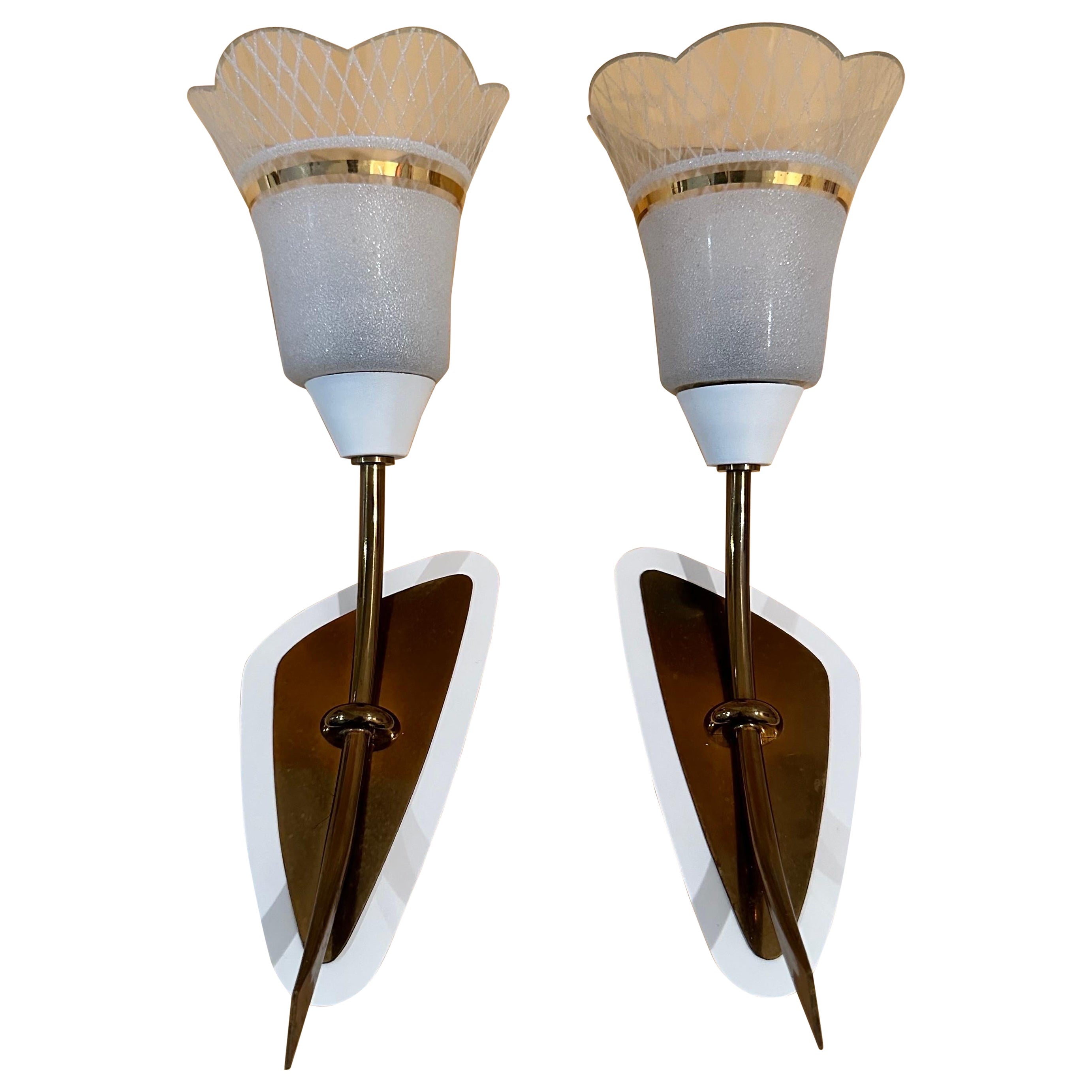 Vintage Pair of Glass, Brass and White Sconces with Scalloped Glass Shades