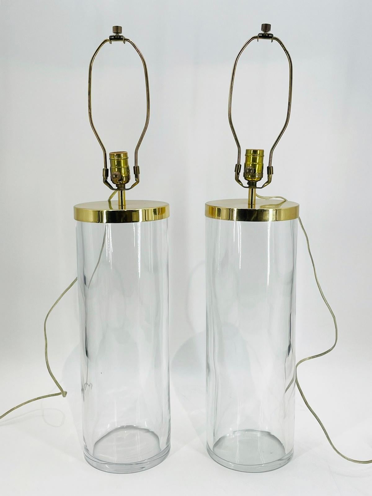Hollywood Regency Vintage Pair of Glass & Brass Table Lamps By Chapman, USA 1970's For Sale