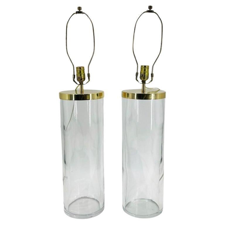 Vintage Pair of Glass & Brass Table Lamps By Chapman, USA 1970's
