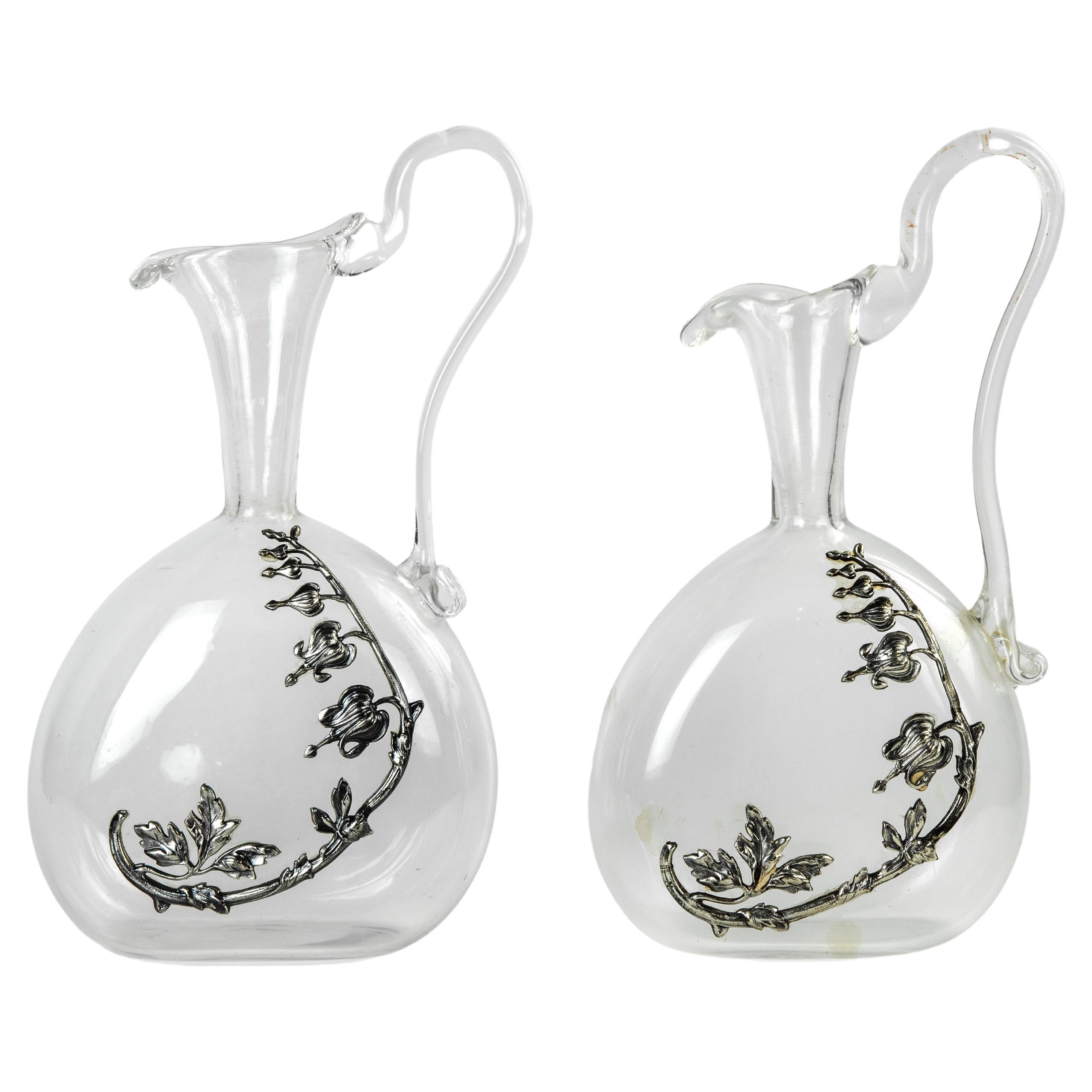  Vintage Pair of Glass Jugs with Silver Decorations, Italy 1970s For Sale