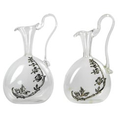  Vintage Pair of Glass Jugs with Silver Decorations, Italy 1970s