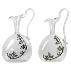 Vintage Pair of Glass Jugs with Silver Decorations, Italy 1970s
