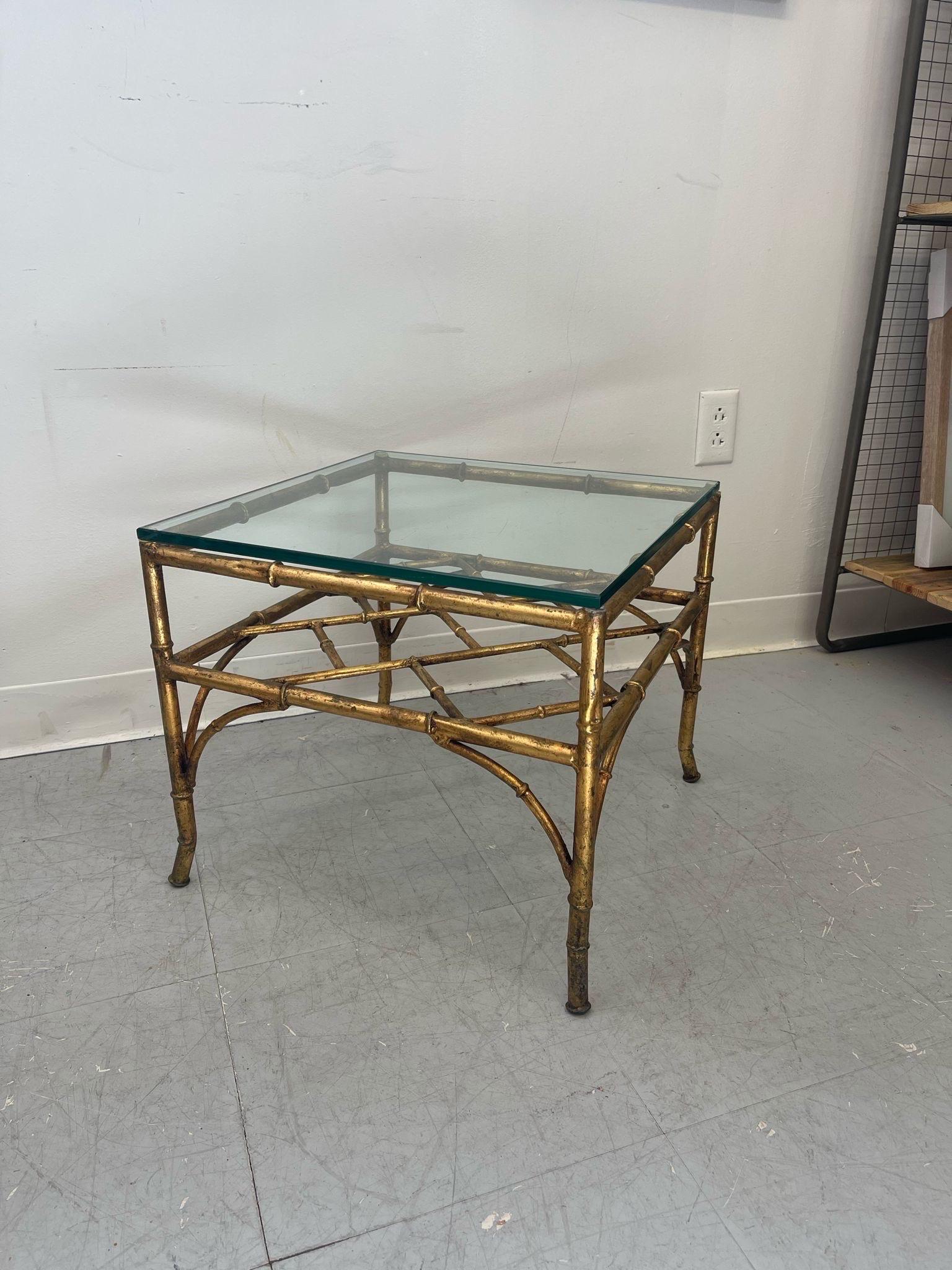Vintage Pair of Glass Top End Tables With Gold Toned Faux Bamboo Base For Sale 5