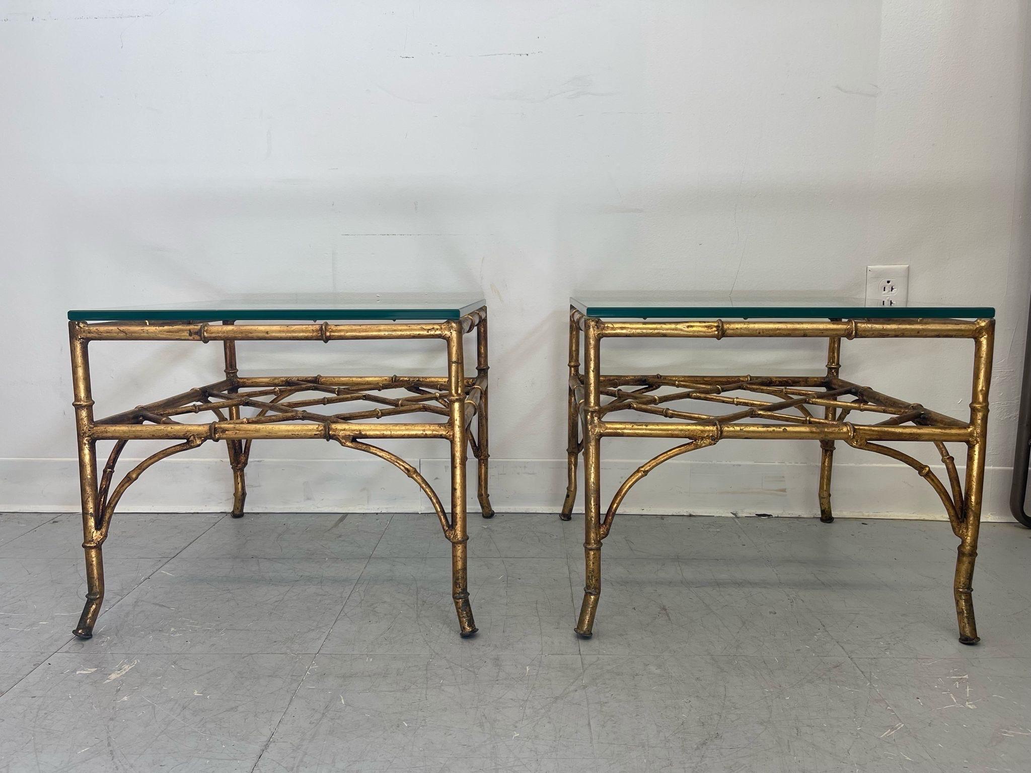 These Faux bamboo End Tables have beautiful lattice detailing beneath their removable Glass Tops. Possibly Circa 1970s, No Makers mark. The material to the base is possibly metal or similar material. Vintage Condition Consistent with Age as