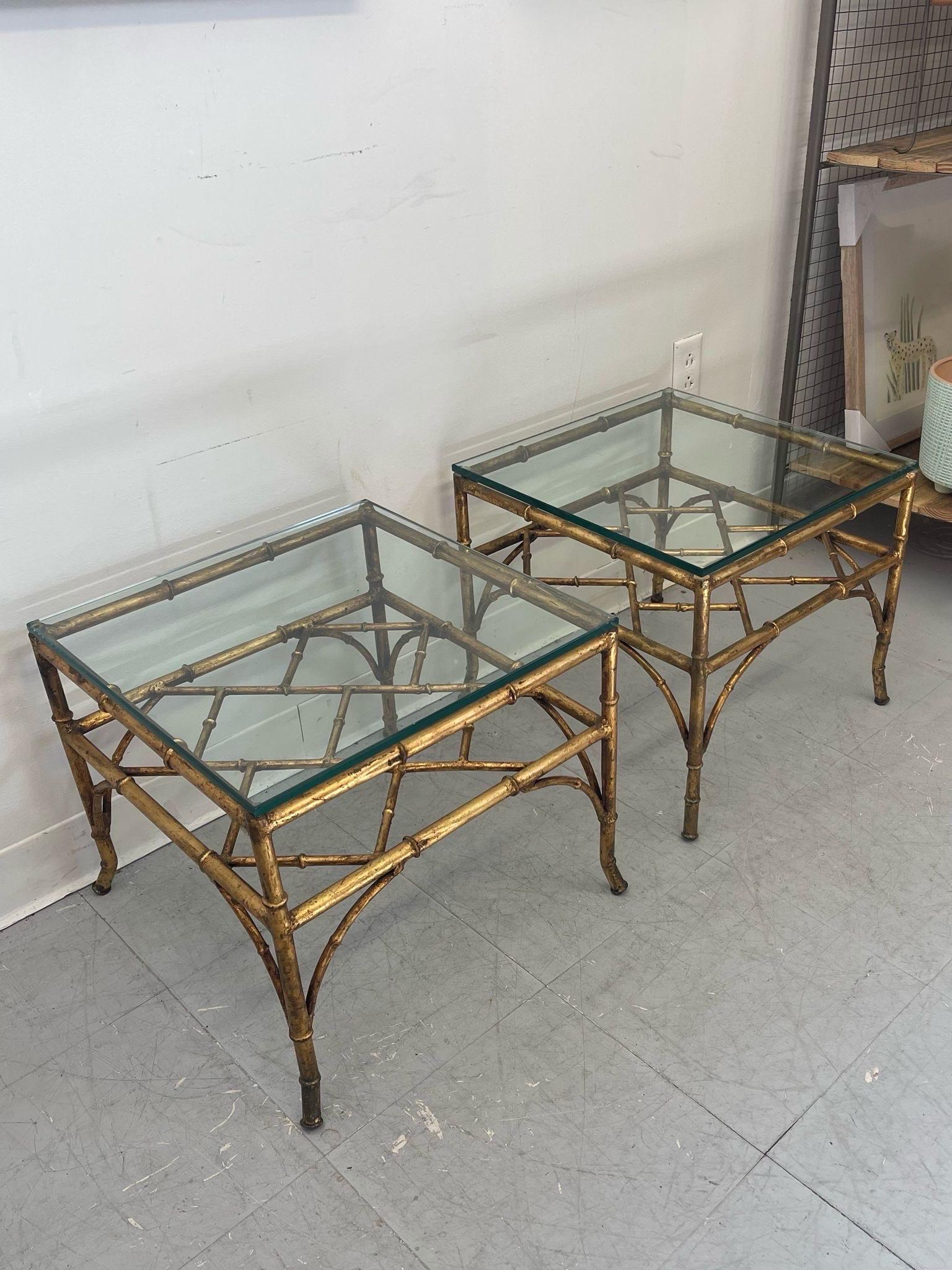 Mid-Century Modern Vintage Pair of Glass Top End Tables With Gold Toned Faux Bamboo Base For Sale