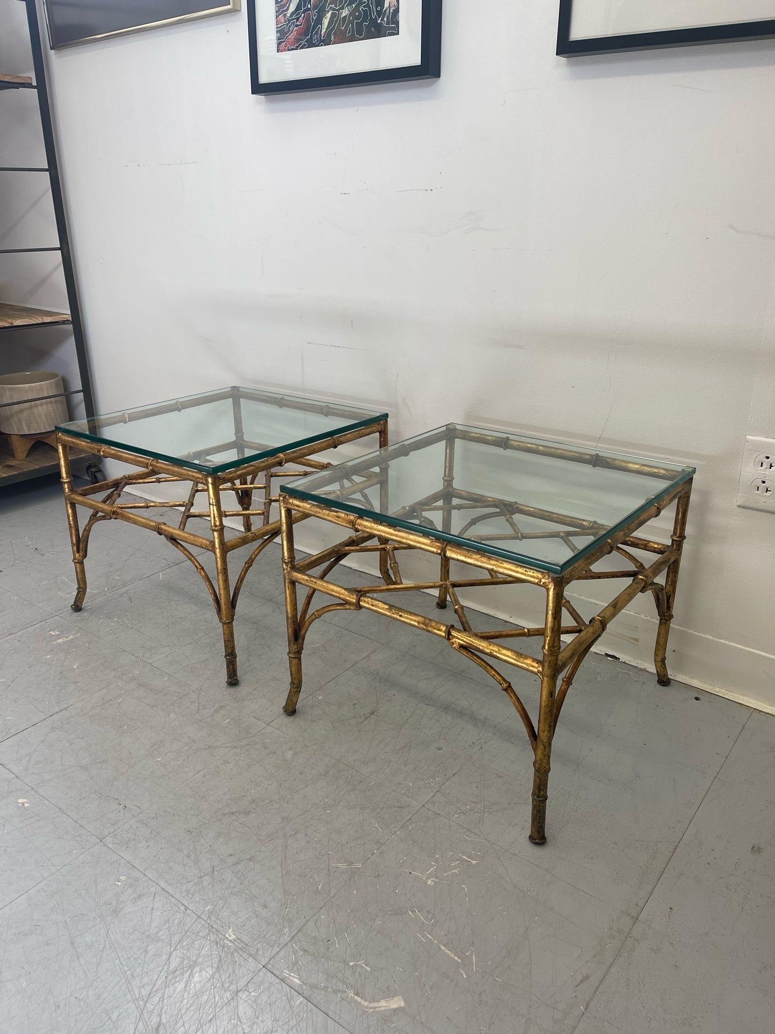 Vintage Pair of Glass Top End Tables With Gold Toned Faux Bamboo Base In Good Condition For Sale In Seattle, WA