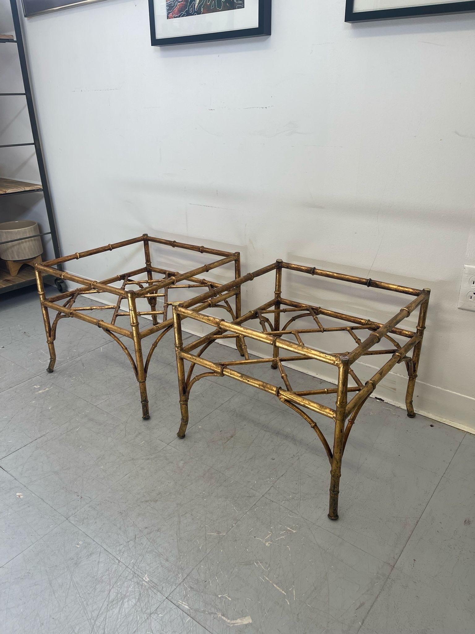 Late 20th Century Vintage Pair of Glass Top End Tables With Gold Toned Faux Bamboo Base For Sale
