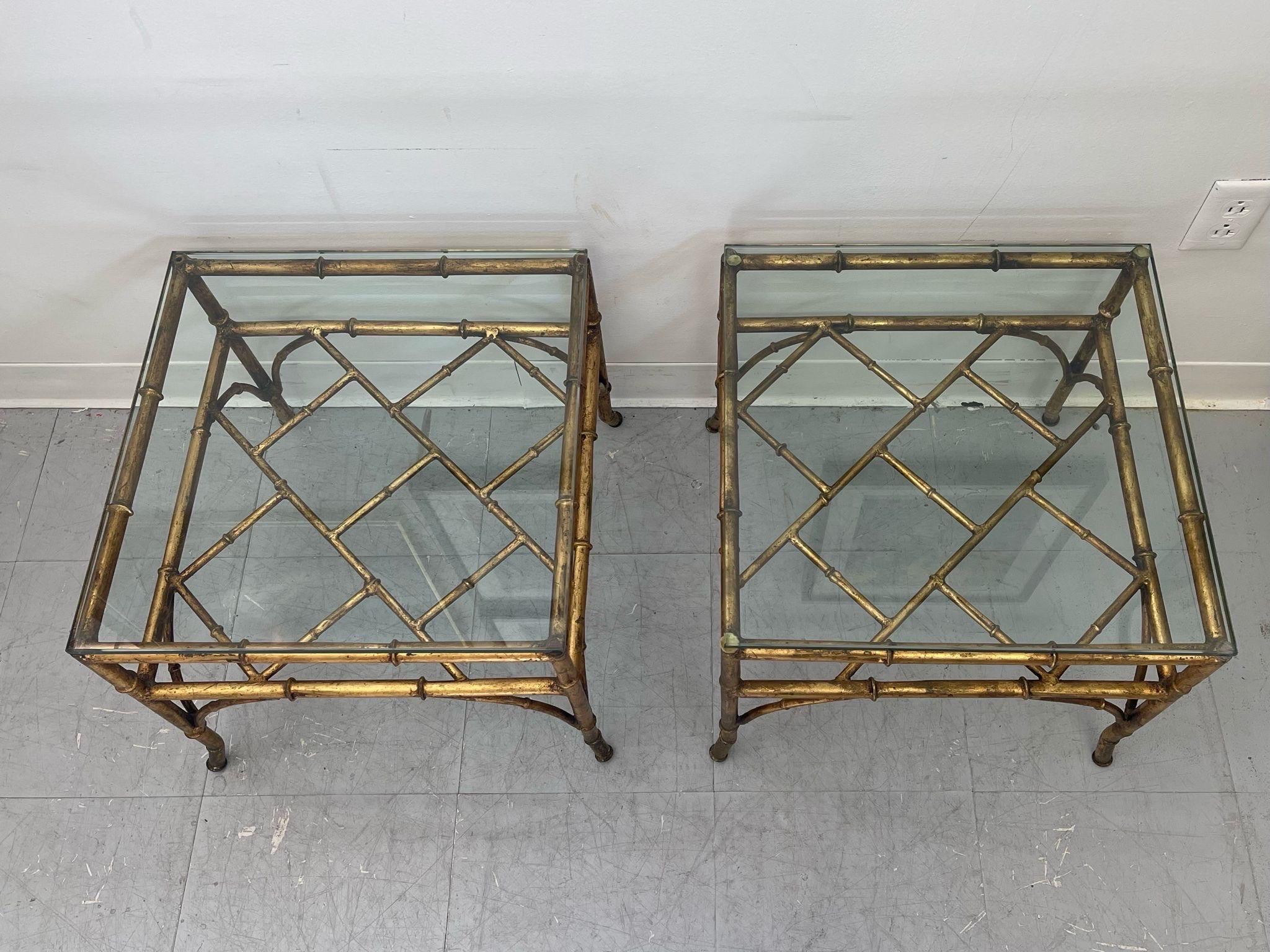 Vintage Pair of Glass Top End Tables With Gold Toned Faux Bamboo Base For Sale 1