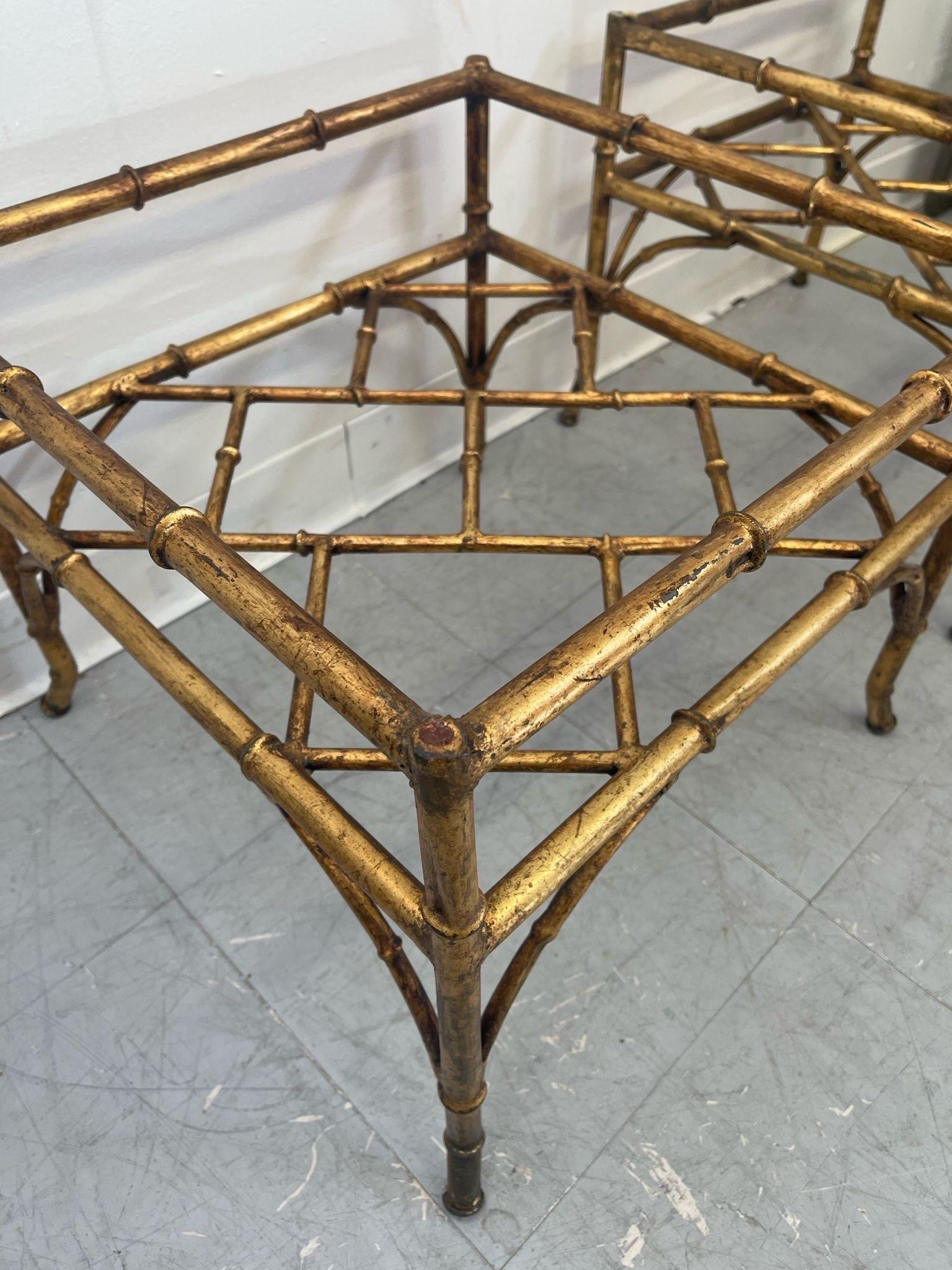Vintage Pair of Glass Top End Tables With Gold Toned Faux Bamboo Base For Sale 3