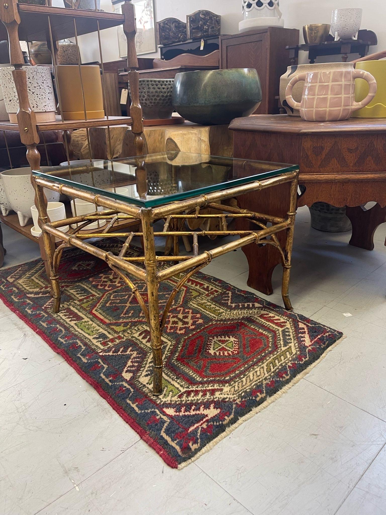 Vintage Pair of Glass Top End Tables With Gold Toned Faux Bamboo Base For Sale 4