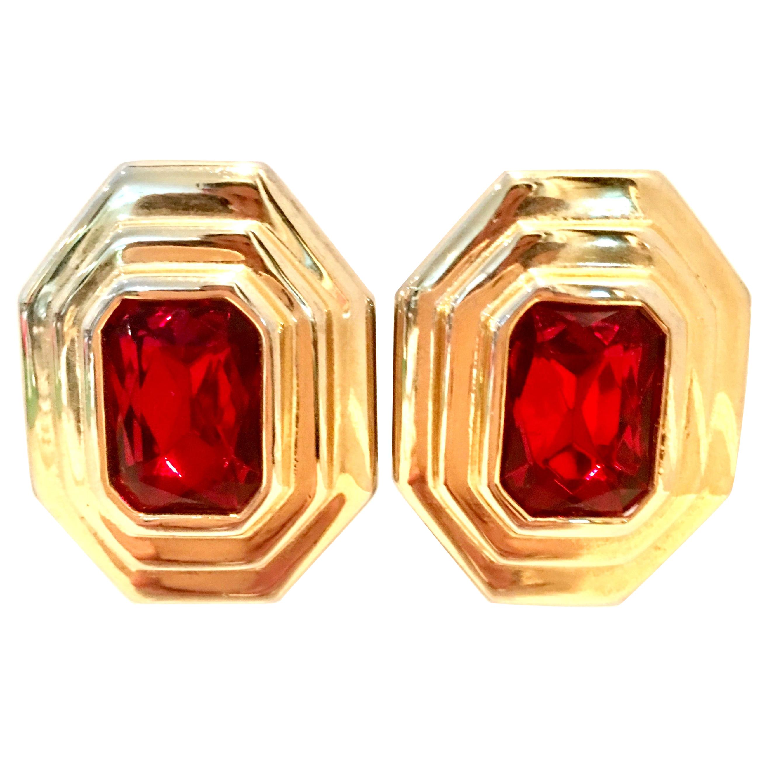 Vintage Pair Of Gold and Ruby Art Glass Earrings By, Diva For Sale at 1stDibs divas retro ruby