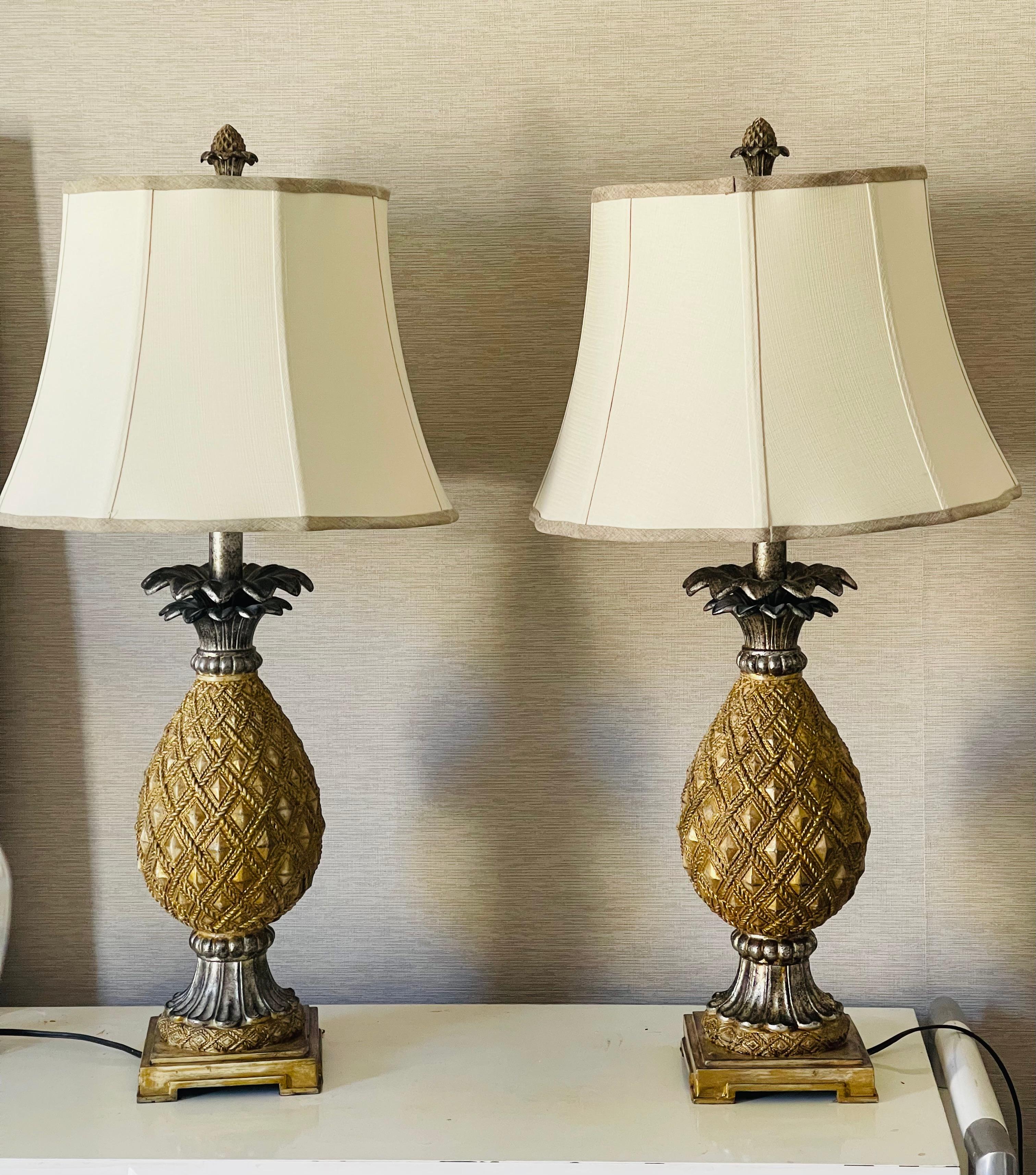 Vintage Pair of Golden Pineapple Table Lamps with Linen Shades, 1970