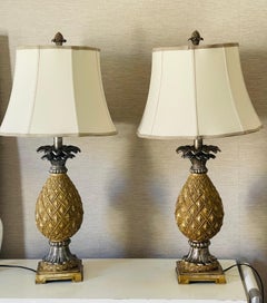 Vintage Pair of Golden Pineapple Table Lamps with Linen Shades, 1970
