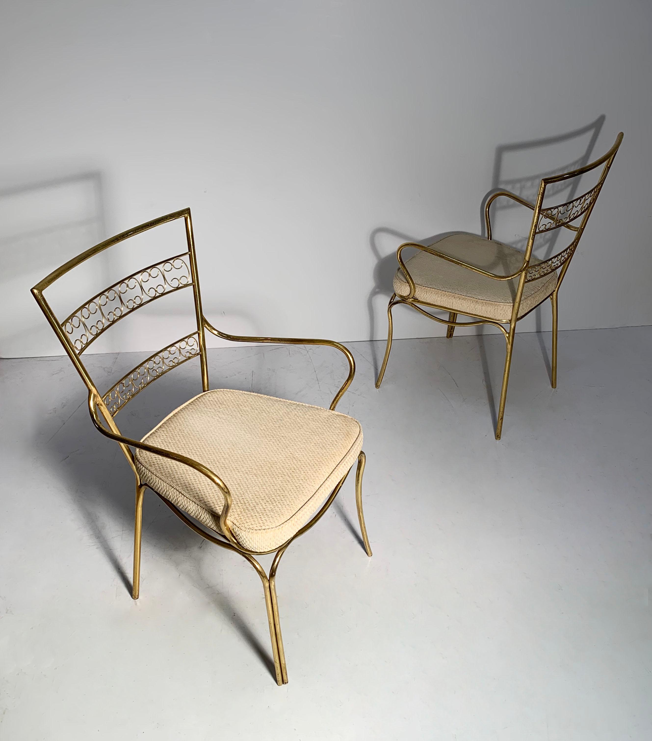 Mid-Century Modern Vintage Pair of Graceful Italian Brass Chairs For Sale