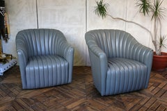 Vintage Pair of Gray Leather Channel-Tufted Club Chairs by Martin/Brattrud, 1987