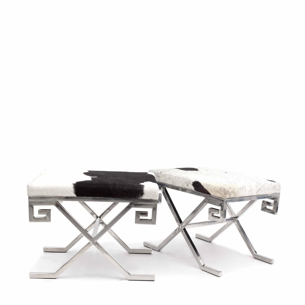Modern Vintage Pair of Greek Key Chrome Benches with Cowhide Upholstery