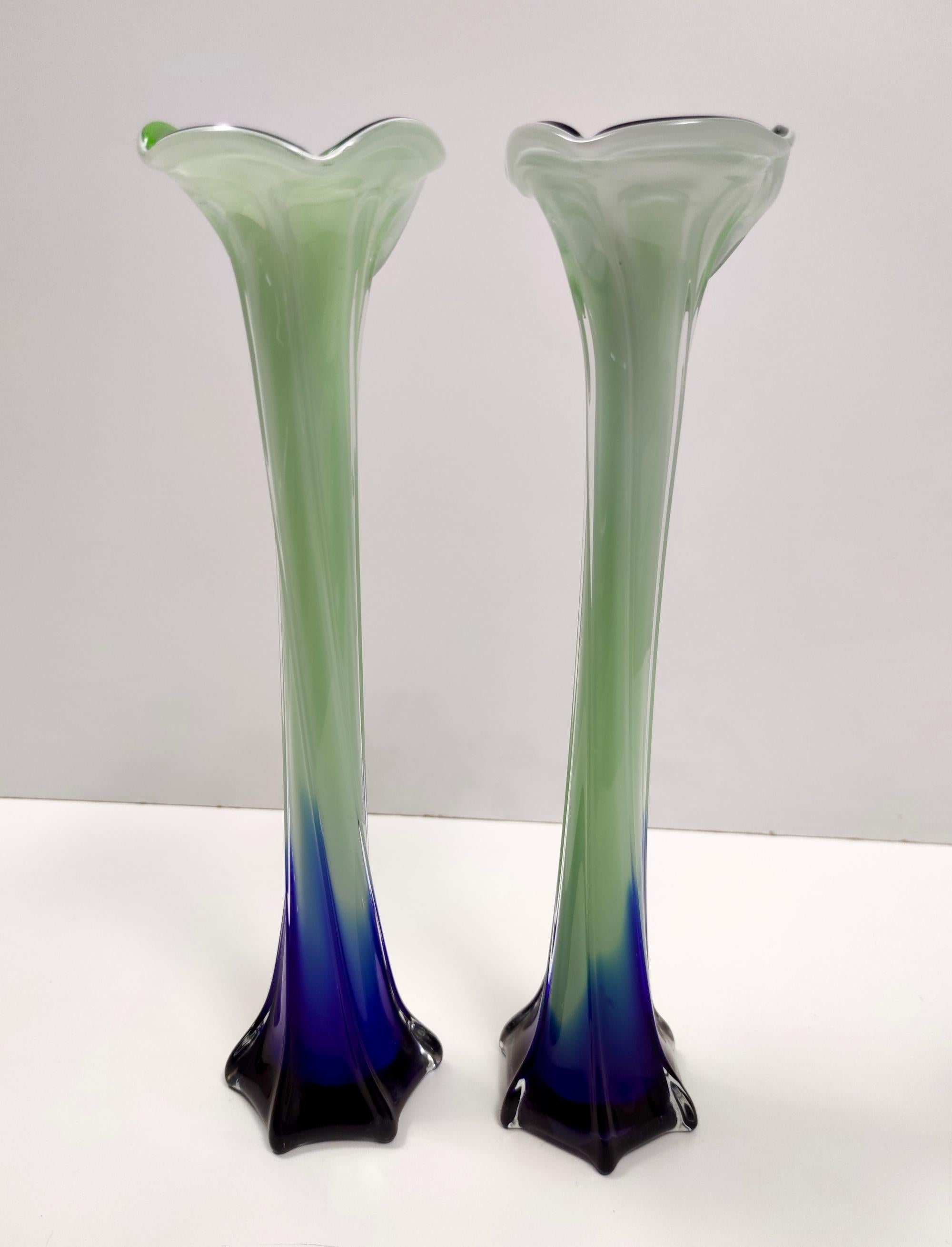 Vintage Pair of Green and Blue Encased Murano Glass Vases, Italy 4