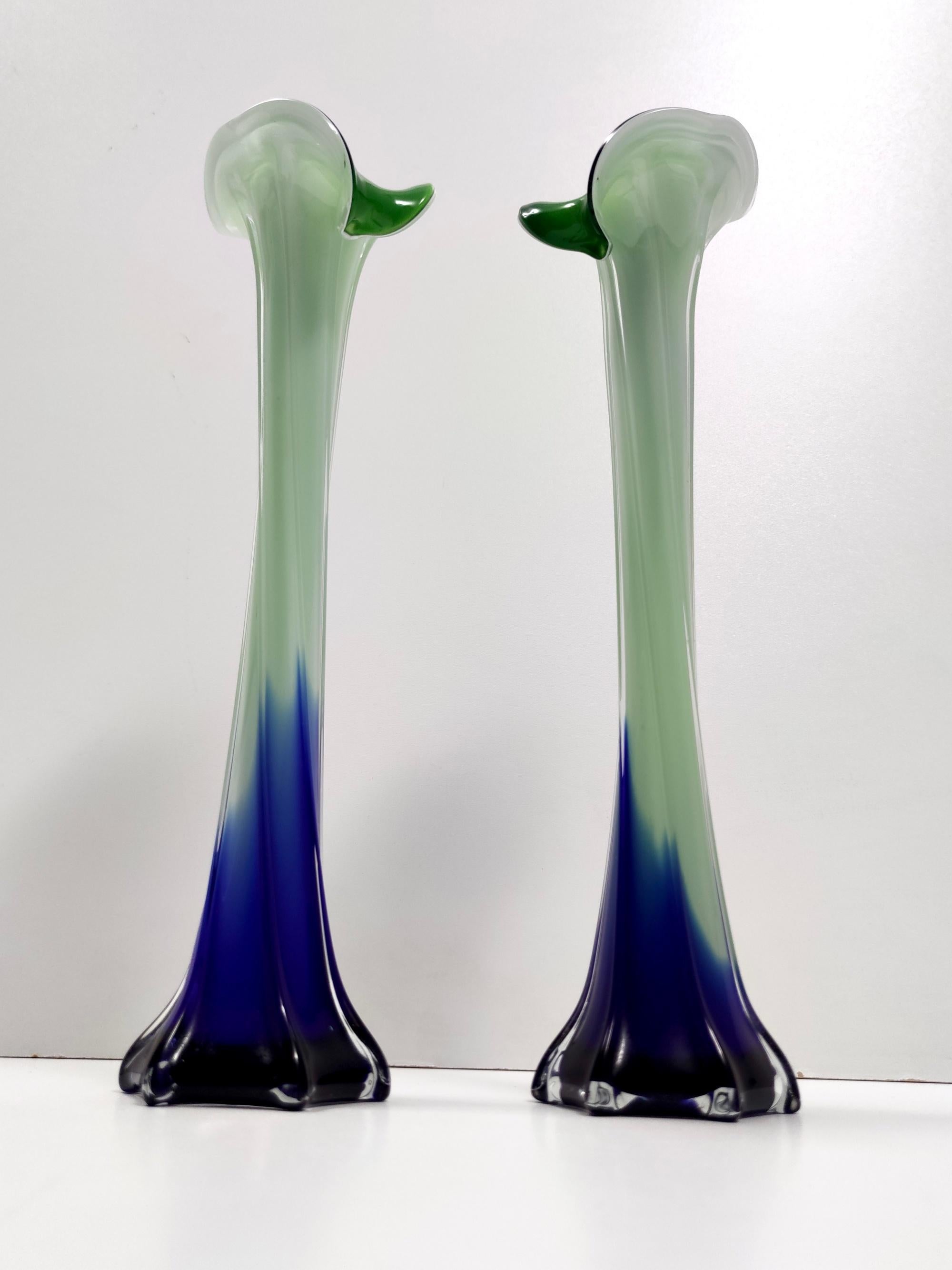 Vintage Pair of Green and Blue Encased Murano Glass Vases, Italy 5