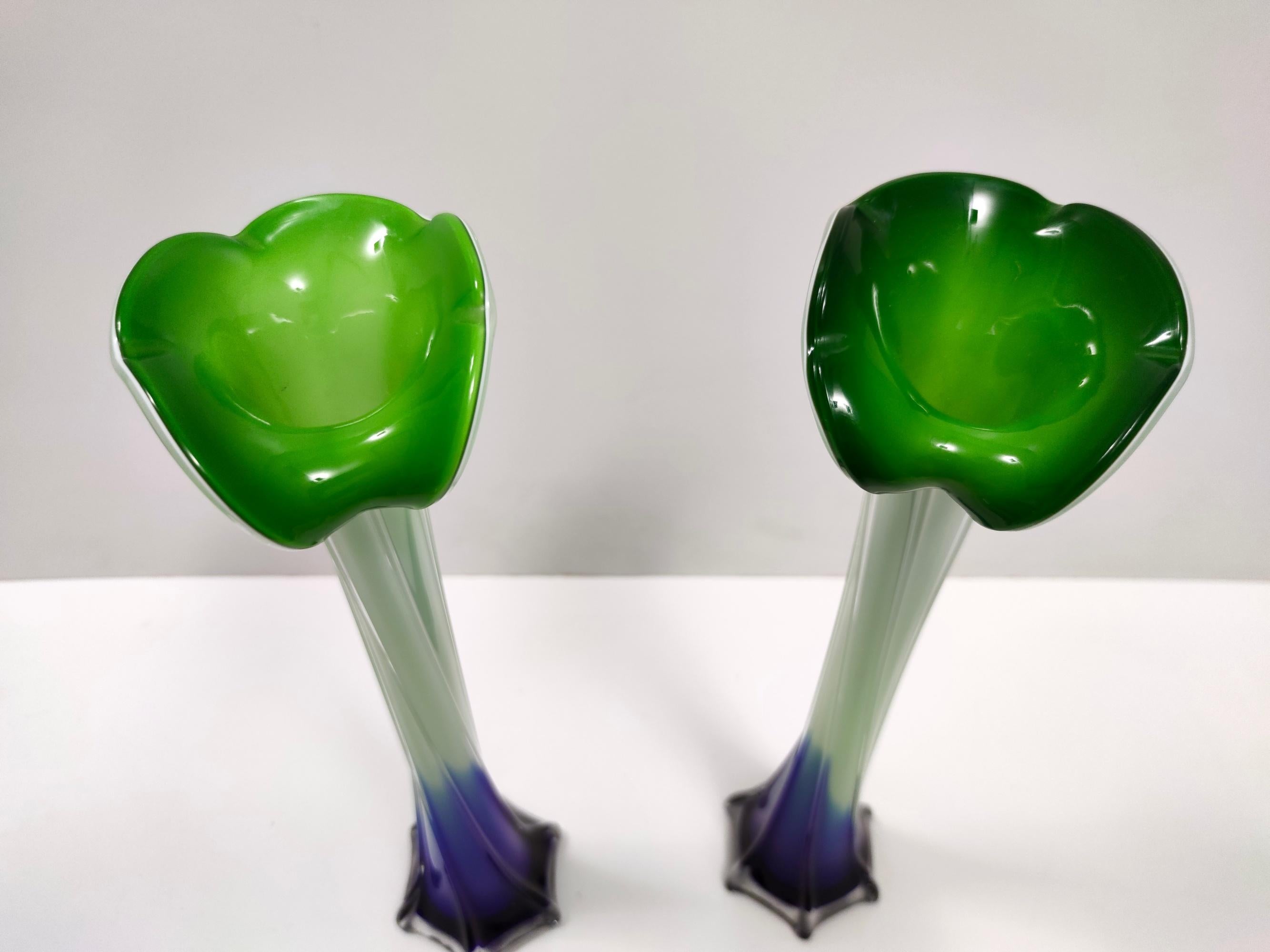 Vintage Pair of Green and Blue Encased Murano Glass Vases, Italy 6
