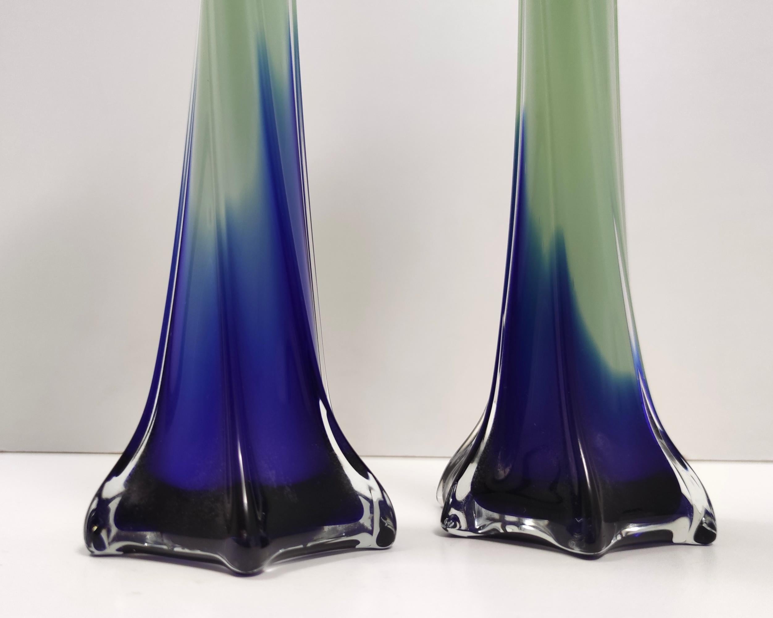 Vintage Pair of Green and Blue Encased Murano Glass Vases, Italy 11