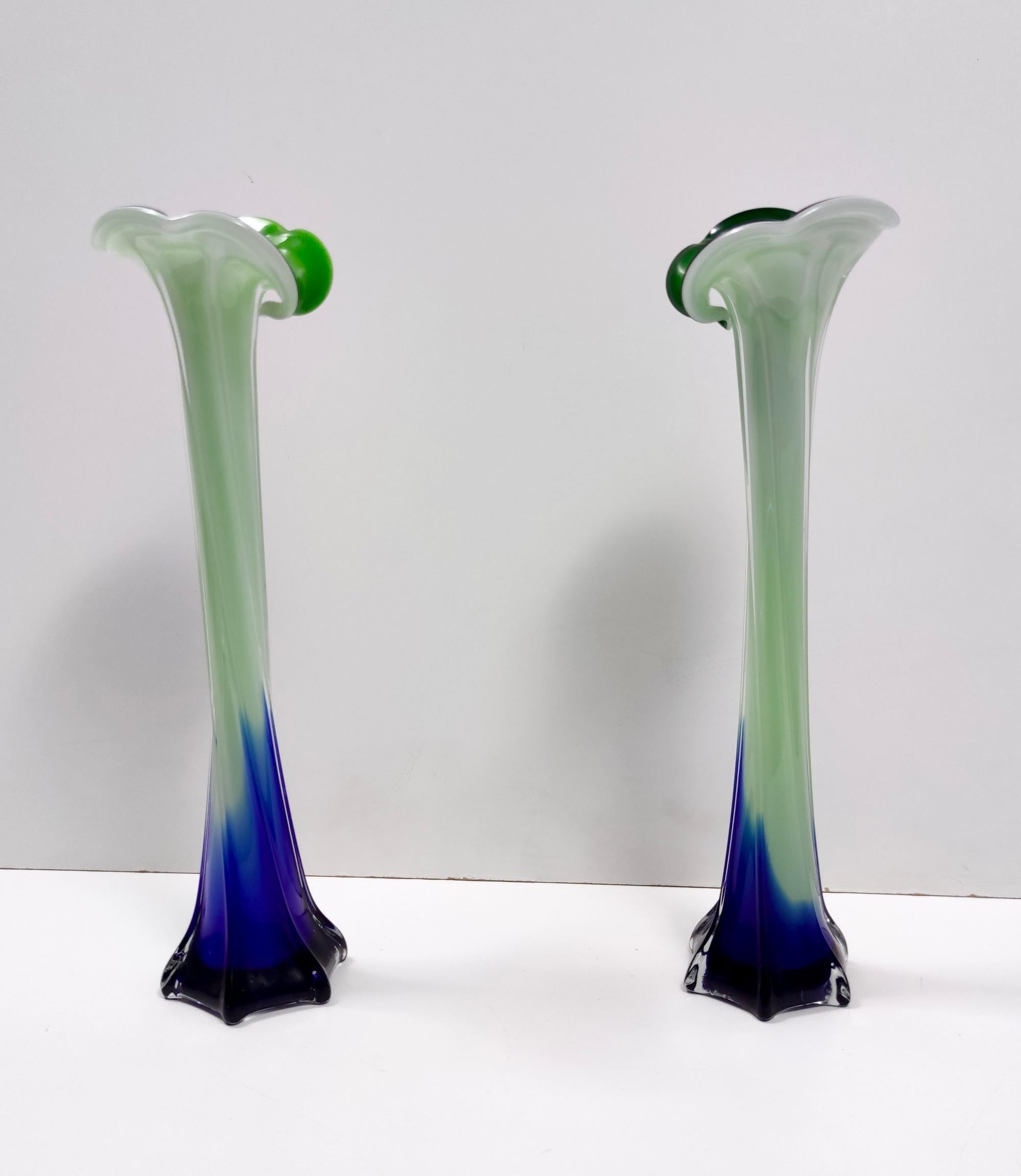 Italian Vintage Pair of Green and Blue Encased Murano Glass Vases, Italy