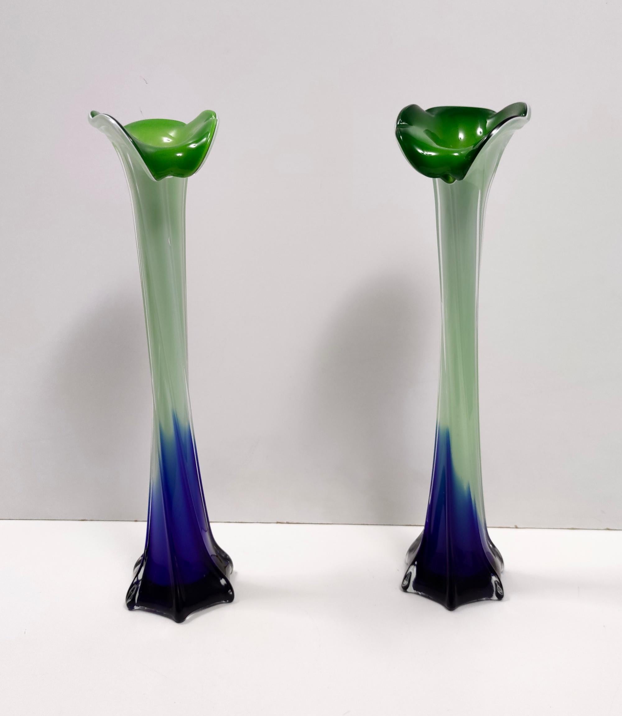 Mid-20th Century Vintage Pair of Green and Blue Encased Murano Glass Vases, Italy