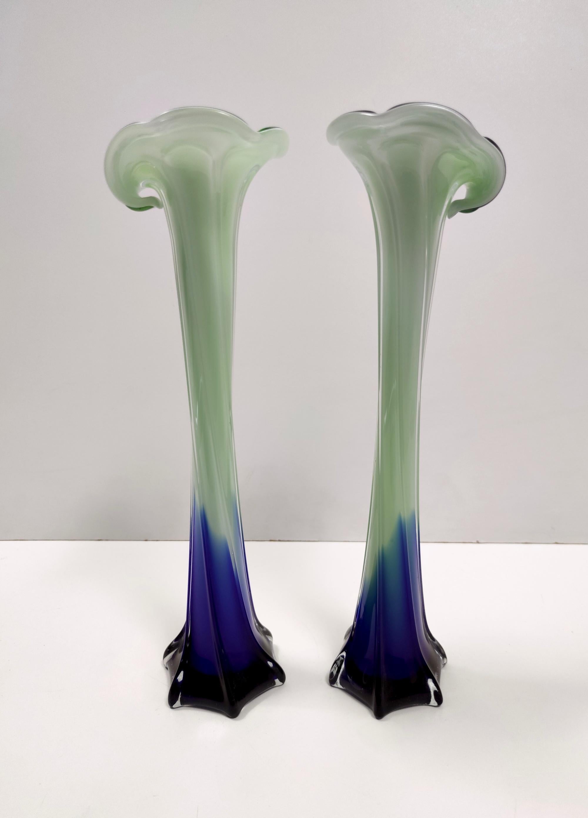 Vintage Pair of Green and Blue Encased Murano Glass Vases, Italy 2