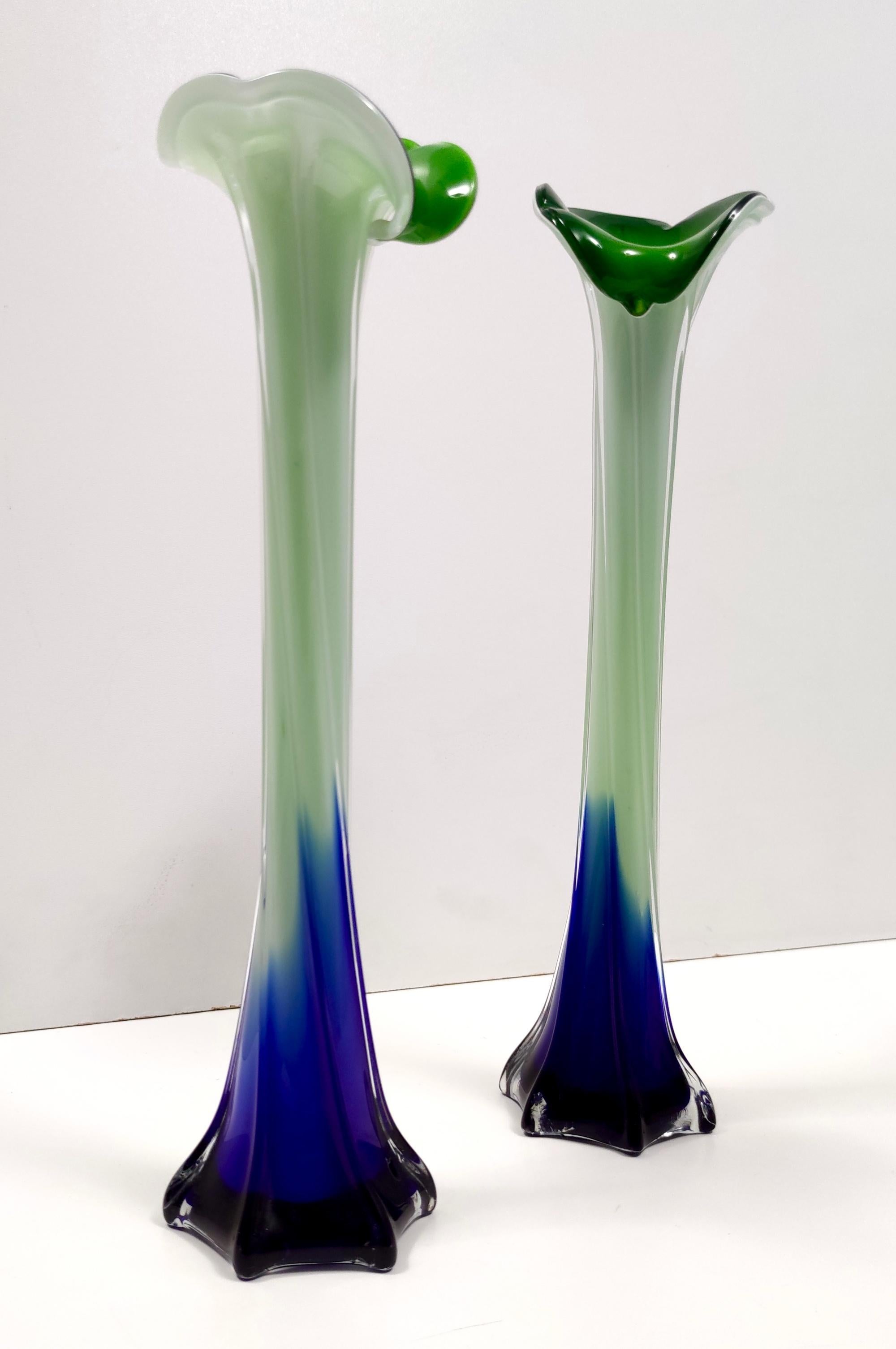 Vintage Pair of Green and Blue Encased Murano Glass Vases, Italy 3