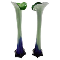 Retro Pair of Green and Blue Encased Murano Glass Vases, Italy